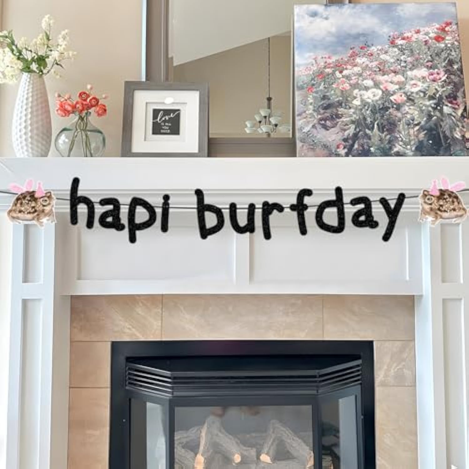 Happy Birthday Banner Pre-Strung Black Glitter Funny Hapi Burfday Birthday Decorations For Frog Lovers Bday Party Decor