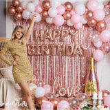 Vidal Crafts 71-Piece Rose Gold Birthday Decorations For Women - Party Backdrop With Latex, Foil & Confetti Balloons, Happy Birthday Decorations Banner & Rose Gold Foil Fringe Curtains