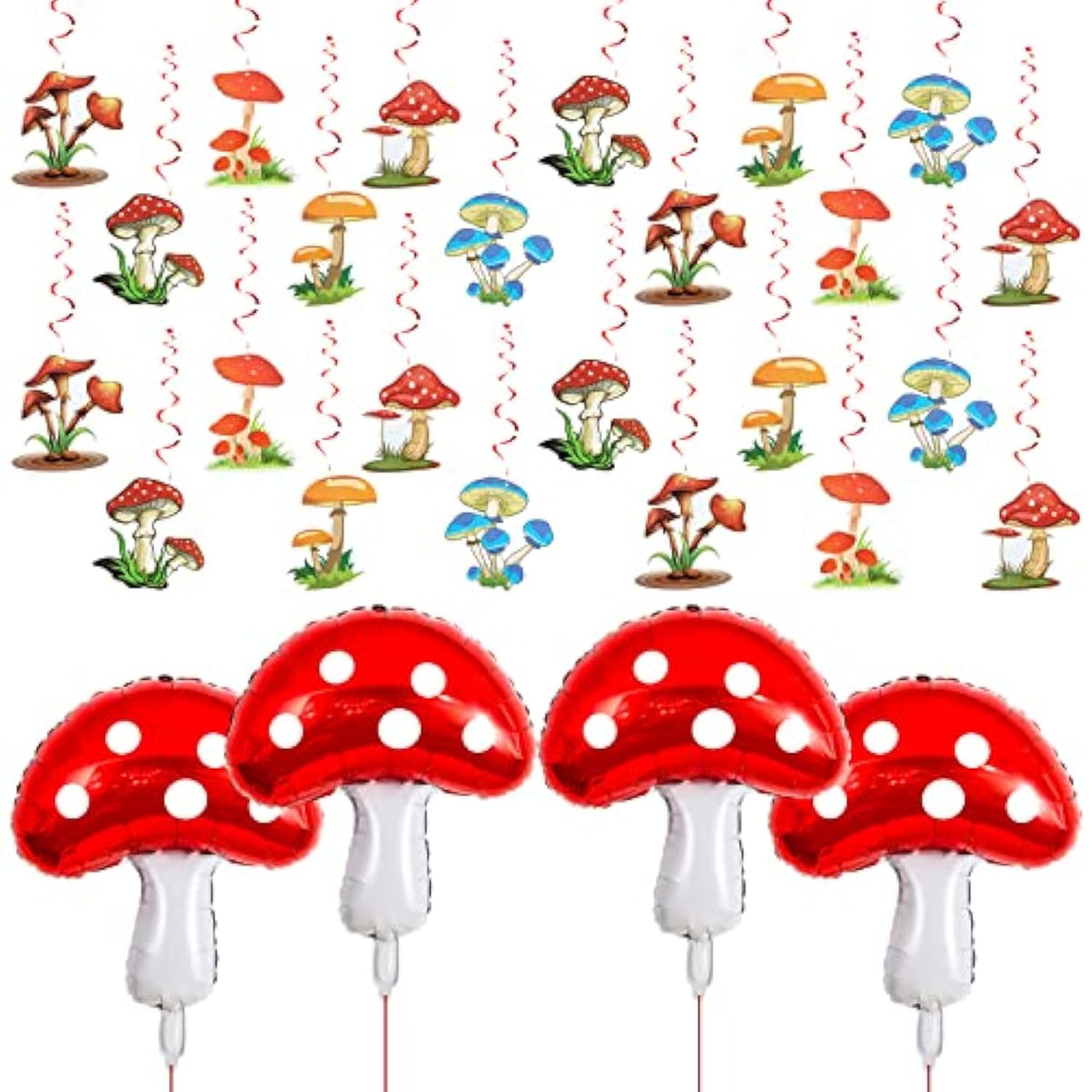 28Pc Mushroom & Forest Theme Hanging Swirls and Balloons for Party, Wedding, or Birthday Decor