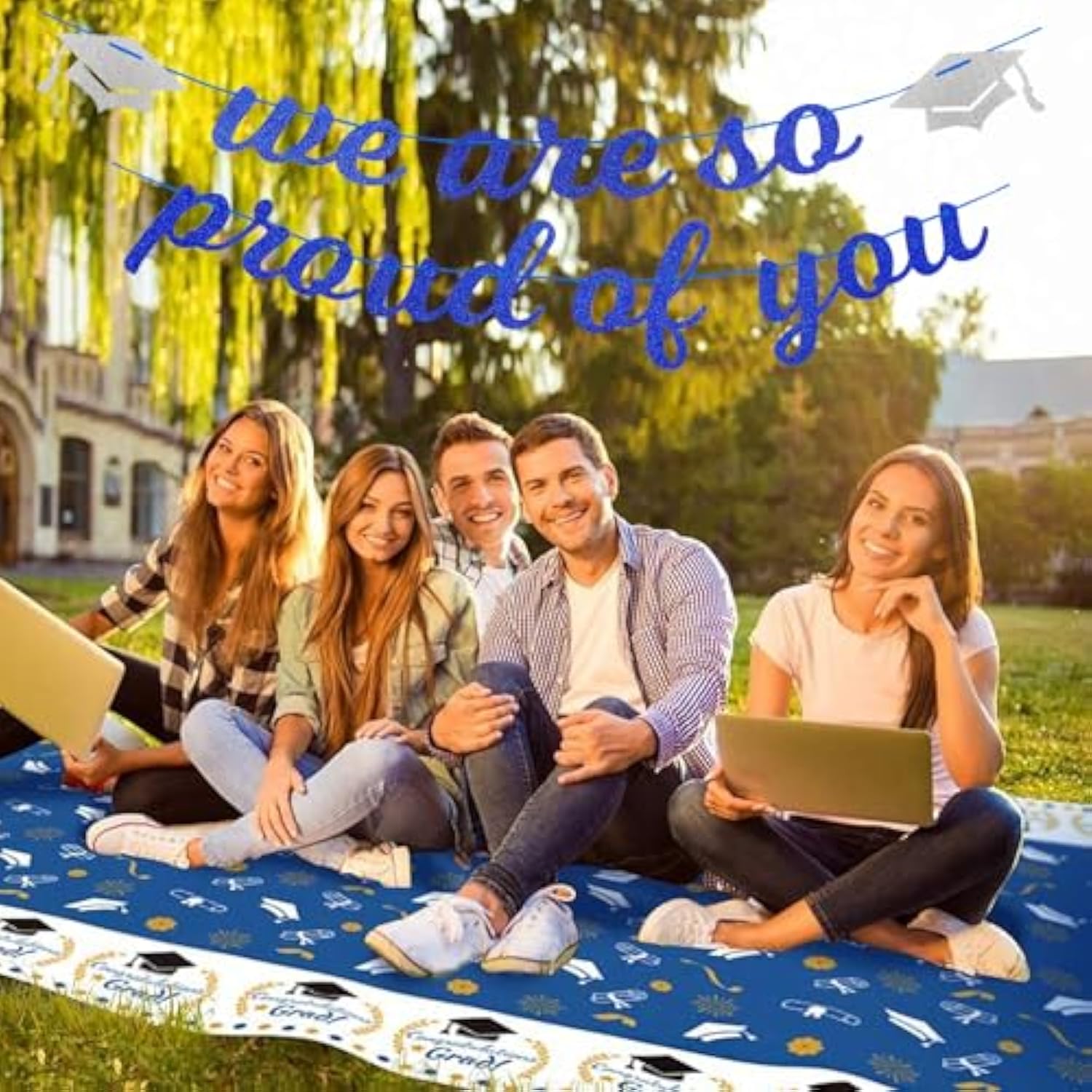 Navy-Blue White-Silver Party-Decoration Graduation Banner - 8Pcs Kits Cap Garland Streamers, Paper Tissue Pom Poms Flowers,We Are So Proud Of You Congratulations Grad 2026 Decor