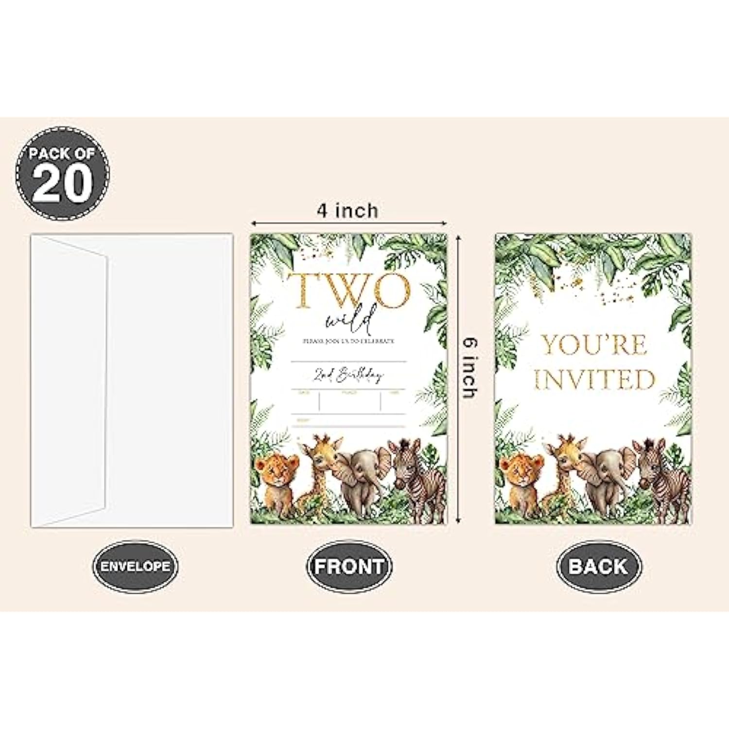 Two Wild Birthday Invitations For Boys Girls Kids, Fill In Party Invites, Decorations, Favors, 20 Invitations With Envelopes (D09)