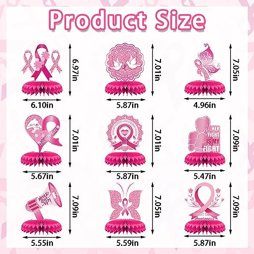 9 PCS Breast Cancer Awareness Honeycomb Table Centerpiece for Home Party, Fight Cancer Theme Pink Ribbon Breast Cancer Table Topper Centerpiece Decorations for Table Decor Charity Party Supplies