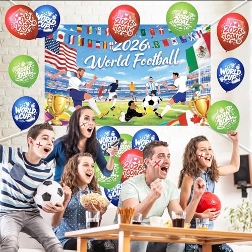 36 PCS World Cup Decorations Balloons 2026, 12 Inches Large World Cup Balloons for Soccer Games, Latex Red, Blue, Green with 1 Rolls Ribbons for Bar Party Supplies