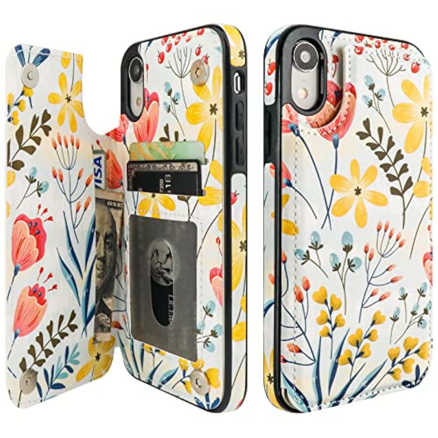 For Iphone Xr Case Wallet With Card Holder, Floral Flower Pattern Back Flip Folio Pu Leather Kickstand Card Slots Case For Women Girls, Double Magnetic Clasp Shockproof Cover 6.1"