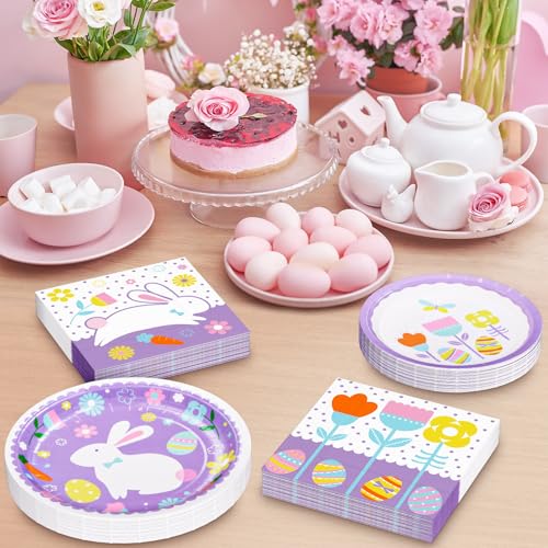 Happy Easter Party Supplies 150 Count, Easter Bunny Disposable Tableware Set 9" Paper Plates 7" Dessert Plates and 3 Ply Luncheon Napkins for Hip Hop Easter Party Decorations, Serve 50