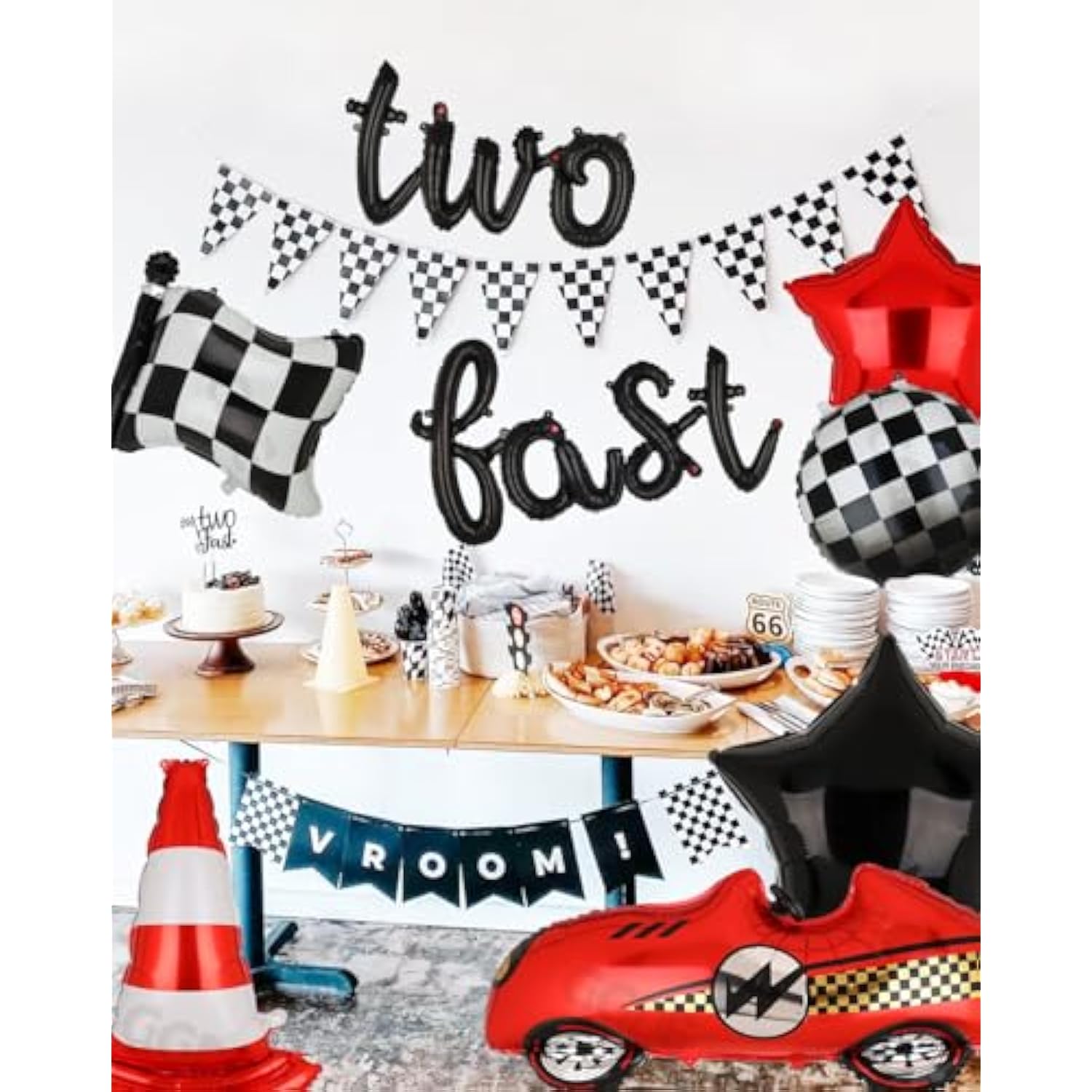 Two Fast Birthday Party 2Nd Racing Vintage 40 Inch Racetrack Number Balloons 2 Black Two Fast Letter Banner Balloon Race Car Racing Theme Birthday Party Decor Set
