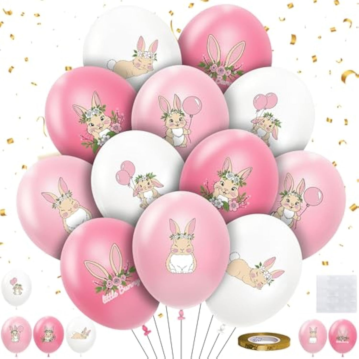 48 Pcs Bunny Birthday Decorations Balloons Set, Pink Rabbit Bunny Theme Print Latex Balloons Party Supplies For Birthday Baby Shower, Easter