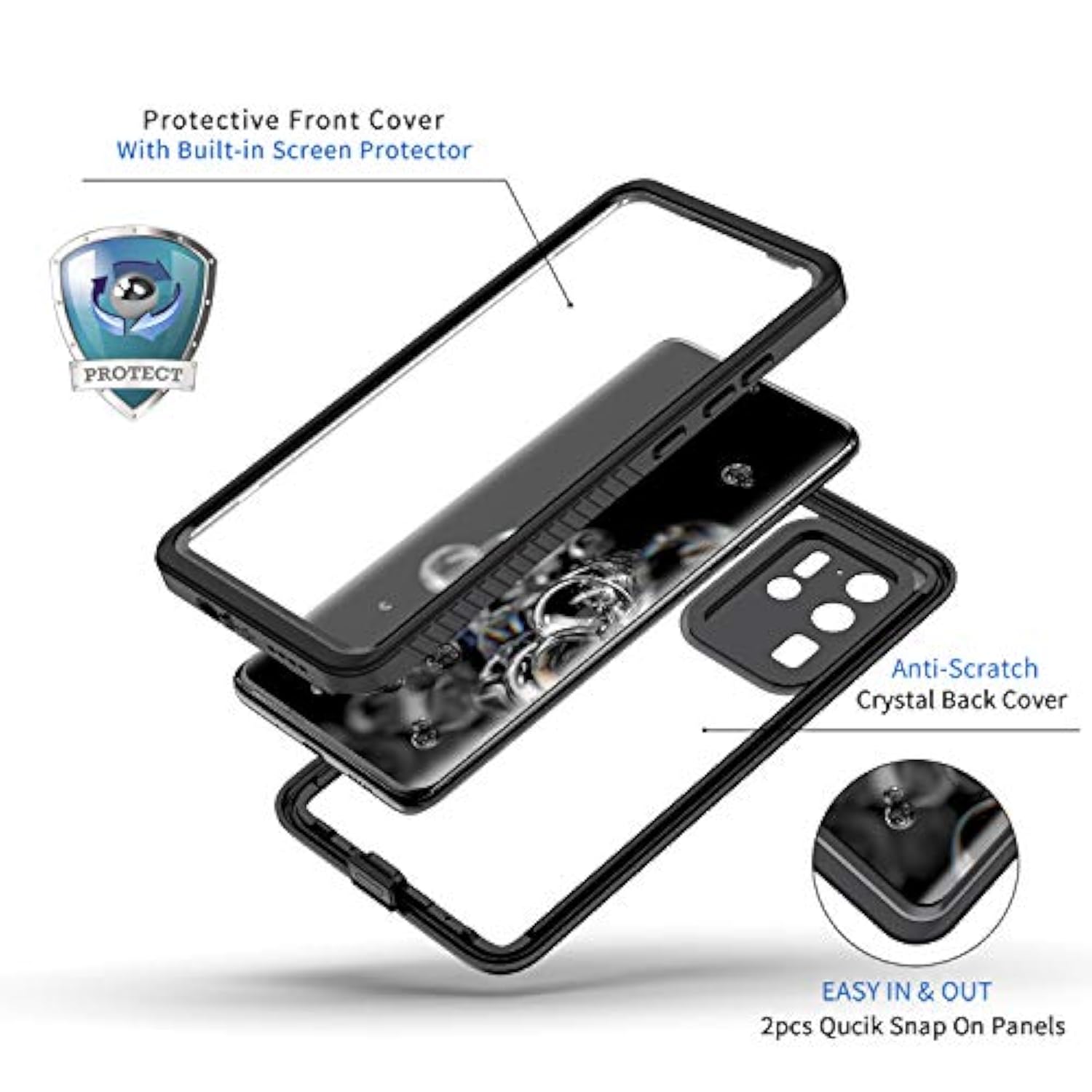 For Samsung Galaxy S20 Ultra Case, Ip68 Waterproof Dustproof Case With Built-In Screen Protector, Heavy Duty Full Body Protective Phone Cover For Galaxy S20 Ultra 5G 6.9 Inch, Black/Clear