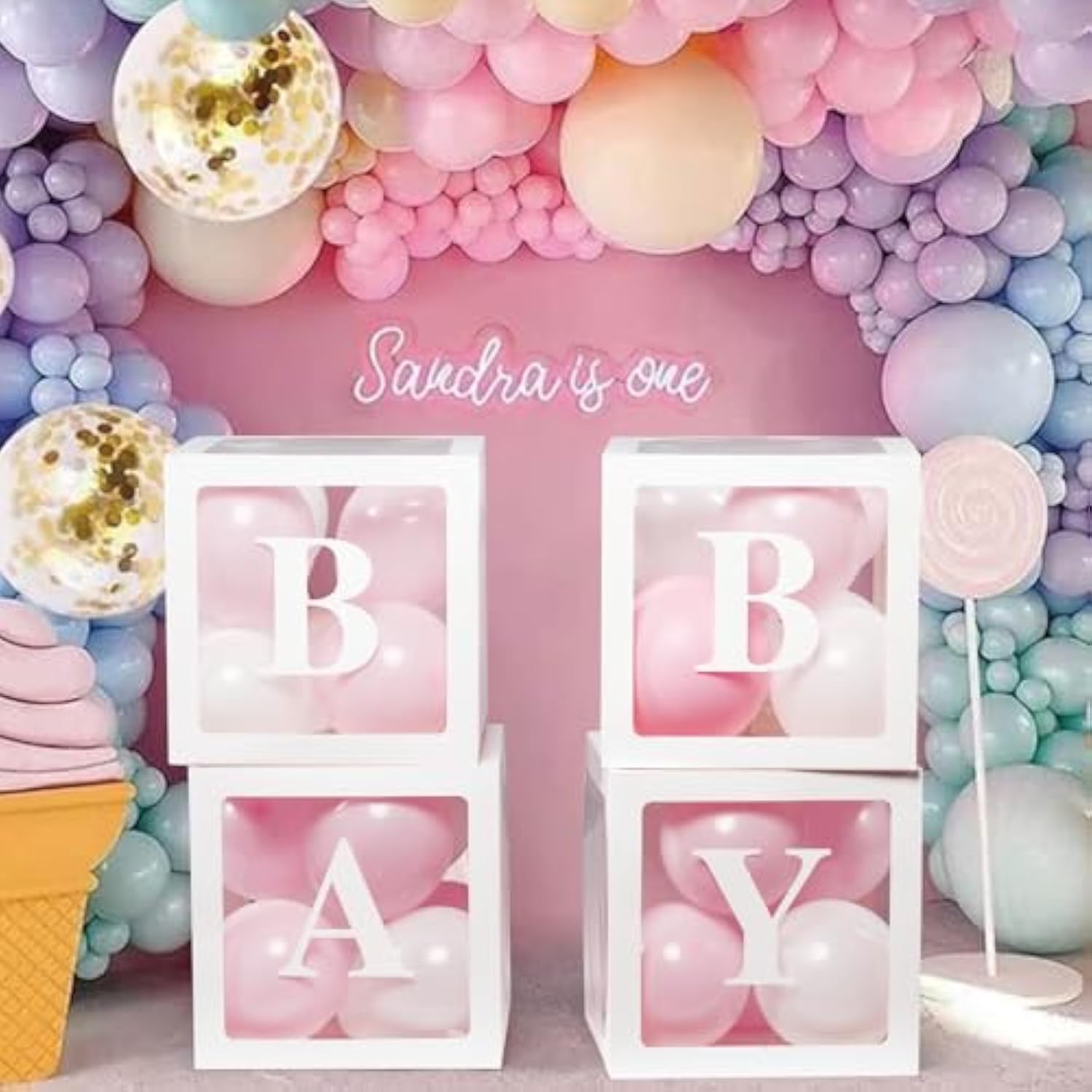 4Pcs Transparent Balloon Boxes with Letters, 36Pcs Pink & White Balloons for Gender Reveal Party