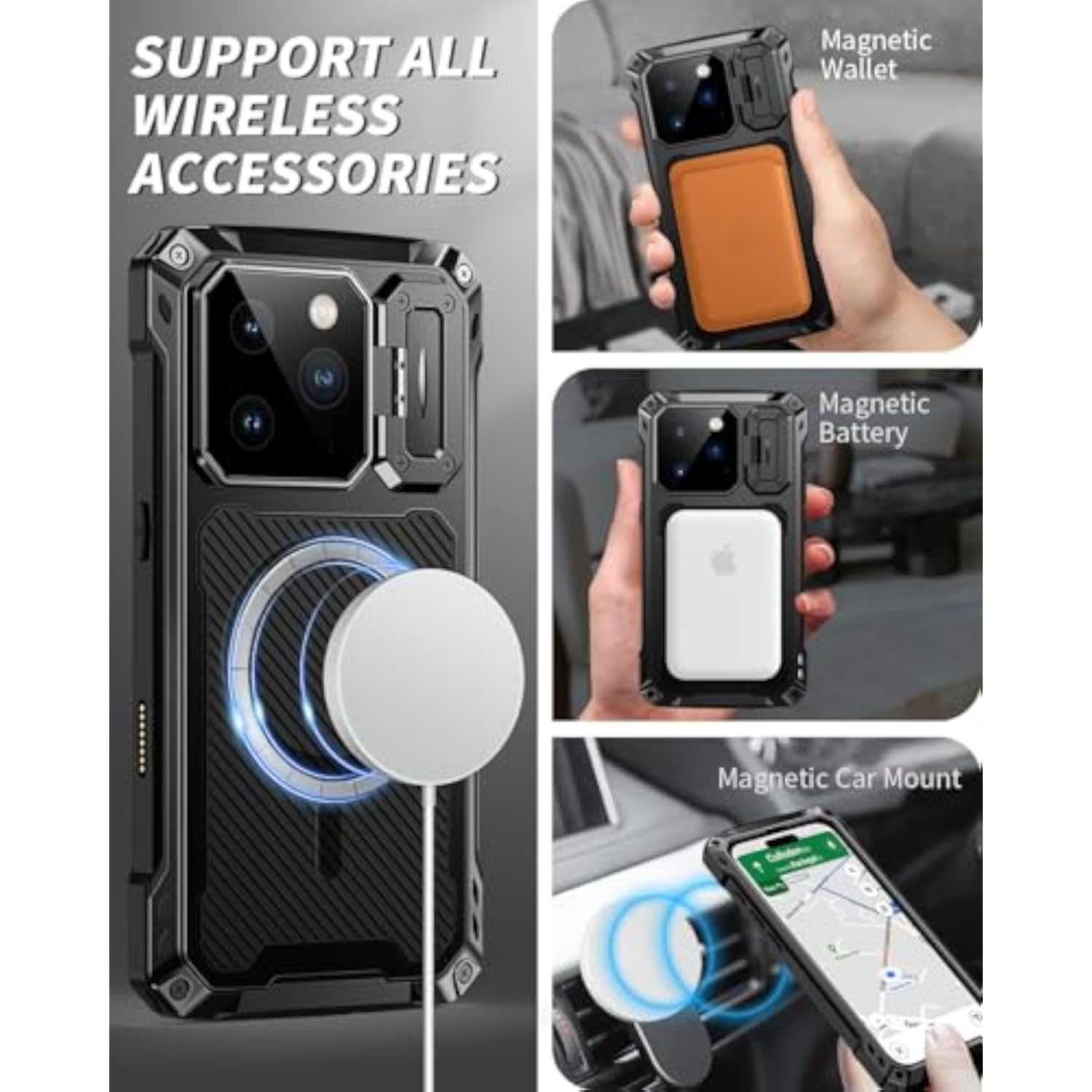 Heavy Duty Rugged Magnetic Phone Case for iPhone 16 Pro with Camera Cover and Stand, Black, Built-in Kickstand, Military-Grade Protection, Compatible with MagSafe