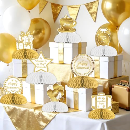 White Gold Retirement Honeycomb Centerpieces Set 8pcs Double-Sided Printed Table Decorations Elegant Retirement Celebration Honeycomb Decor Kit White Gold Event Table Display Bundle