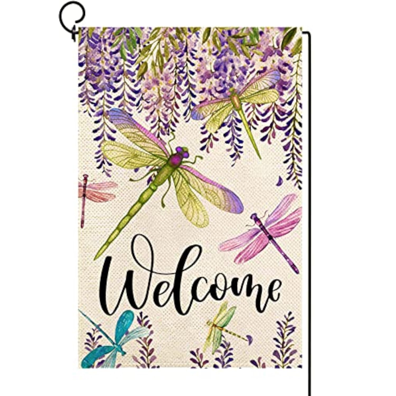 Spring Summer Flower Garden Flag Wisteria Dragonfly Floral Welcome Small Yard Flag Burlap Double Sided Vertical Seasonal Farmhouse Wedding Outside Outdoor Decoration 12.5X18 Inch