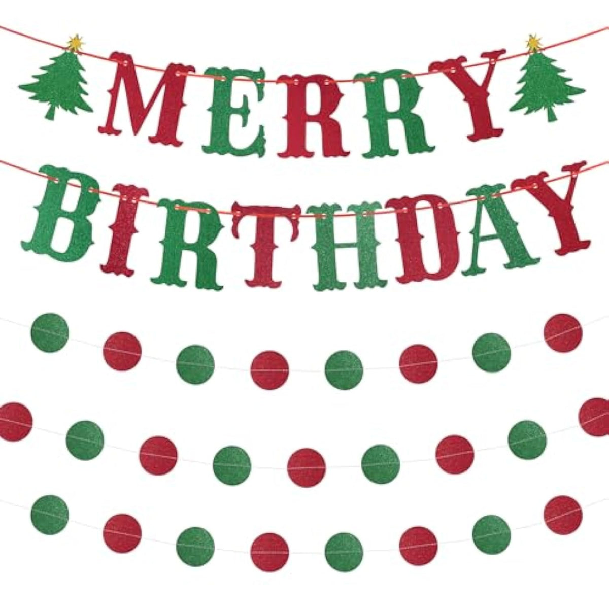 Merry Birthday Banner - Red, Green Glitter, Christmas & Birthday Party Decorations