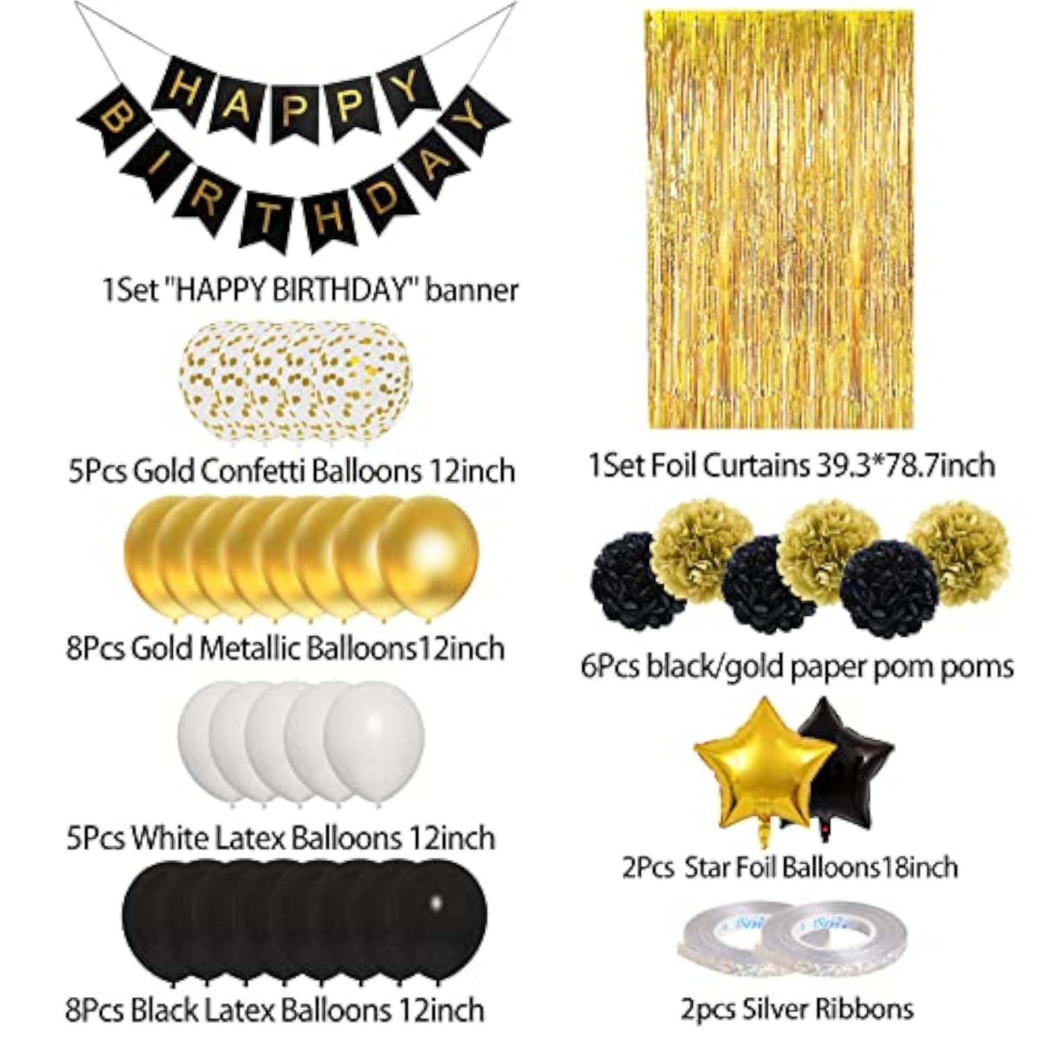 Black & Gold Birthday Decor Kit Banner, Balloons & Fringe Curtains