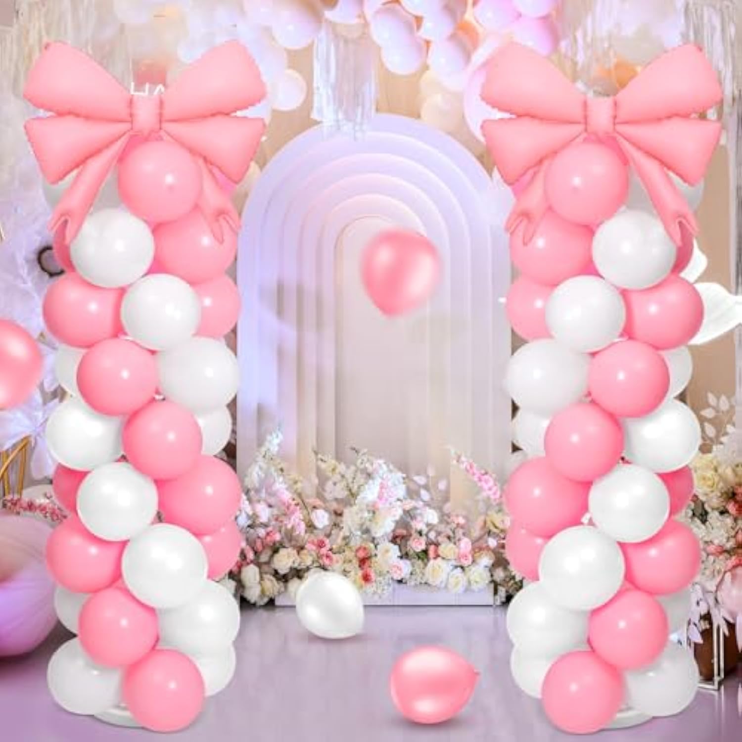 2 Sets Pink White Bow Balloon Column Stand Kit Includes 2 Bows & 100 Latex Balloons Adjustable Stands For Princess Birthday Wedding Coquette Baby Shower Party Decoration