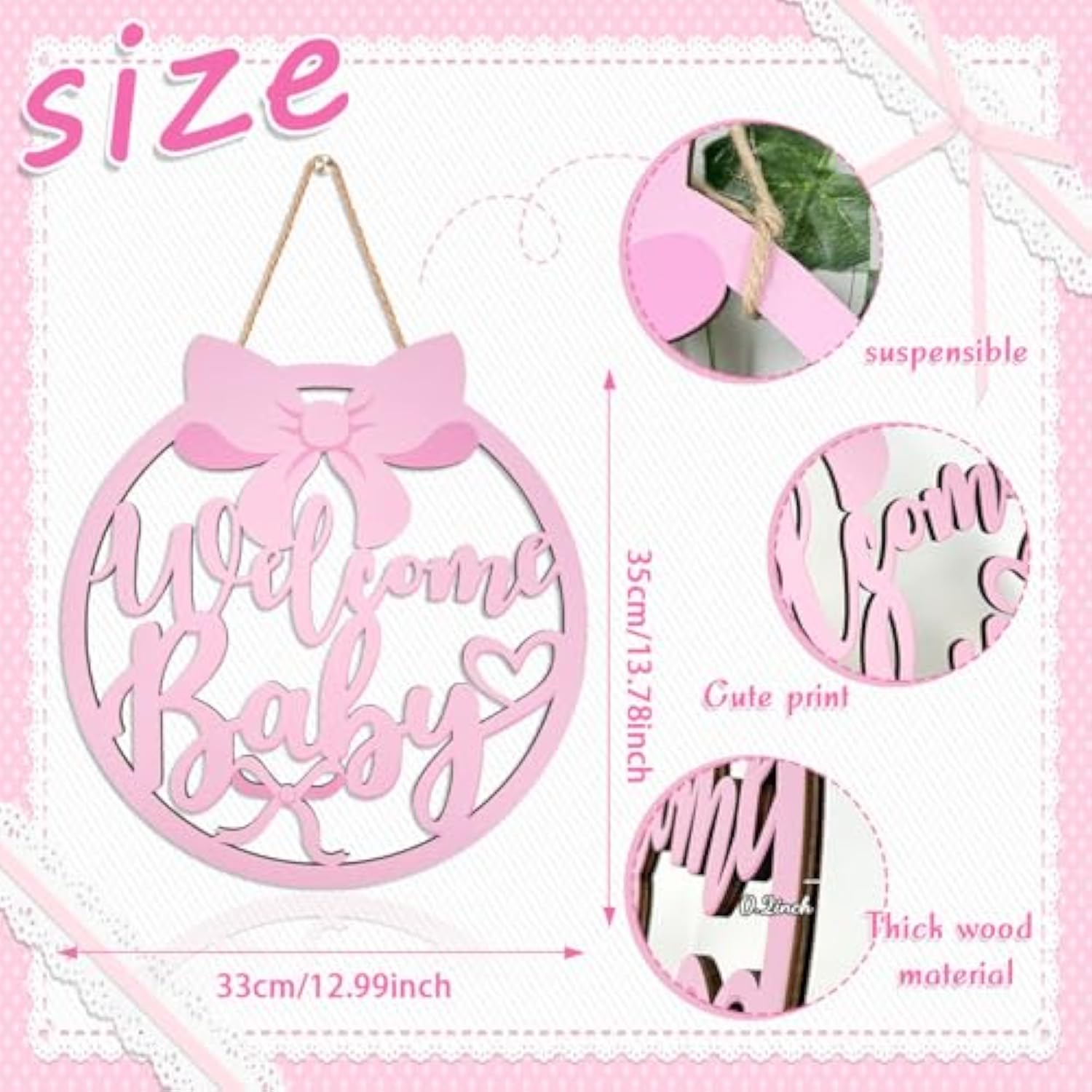 Pink Bow Baby Shower Decorations For Girl Welcome Baby Wooden Sign Coquette Baby Shower Party Decorations Pink Bow Wooden Sign Photobooth Props For Gender Reveal Party Supplies