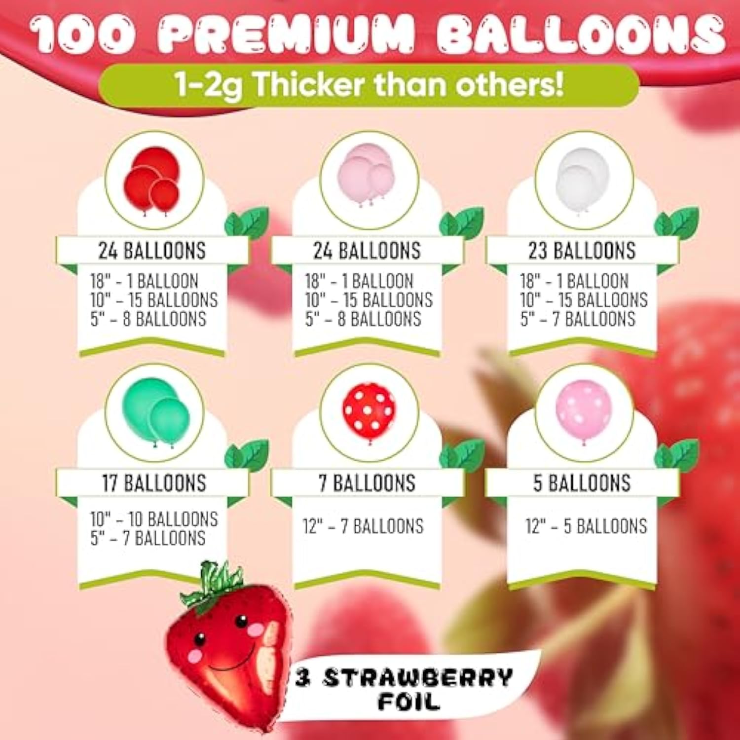 All-In-1 Strawberry Balloon Arch Kit & Garland With Bonus Strawberry – Small And Large Red Pink Green Strawberry Balloons – Strawberry Shortcake Party Decorations Supplies For Birthday & Baby Shower