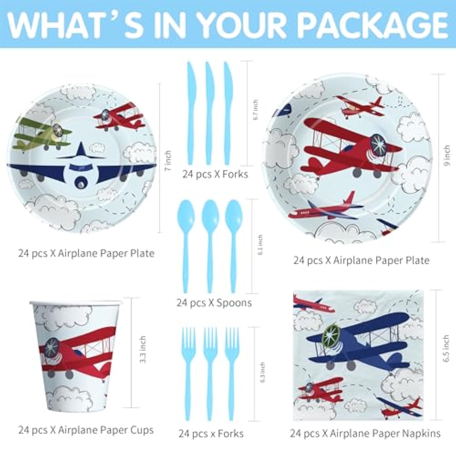 Airplane Party Decorations Tableware Boy For Birthday Baby Shower - Disposable Aviation Theme Airplane Birthday Party Supplies, Paper Plate, Napkin, Cup, Cutlery | 24 Guests