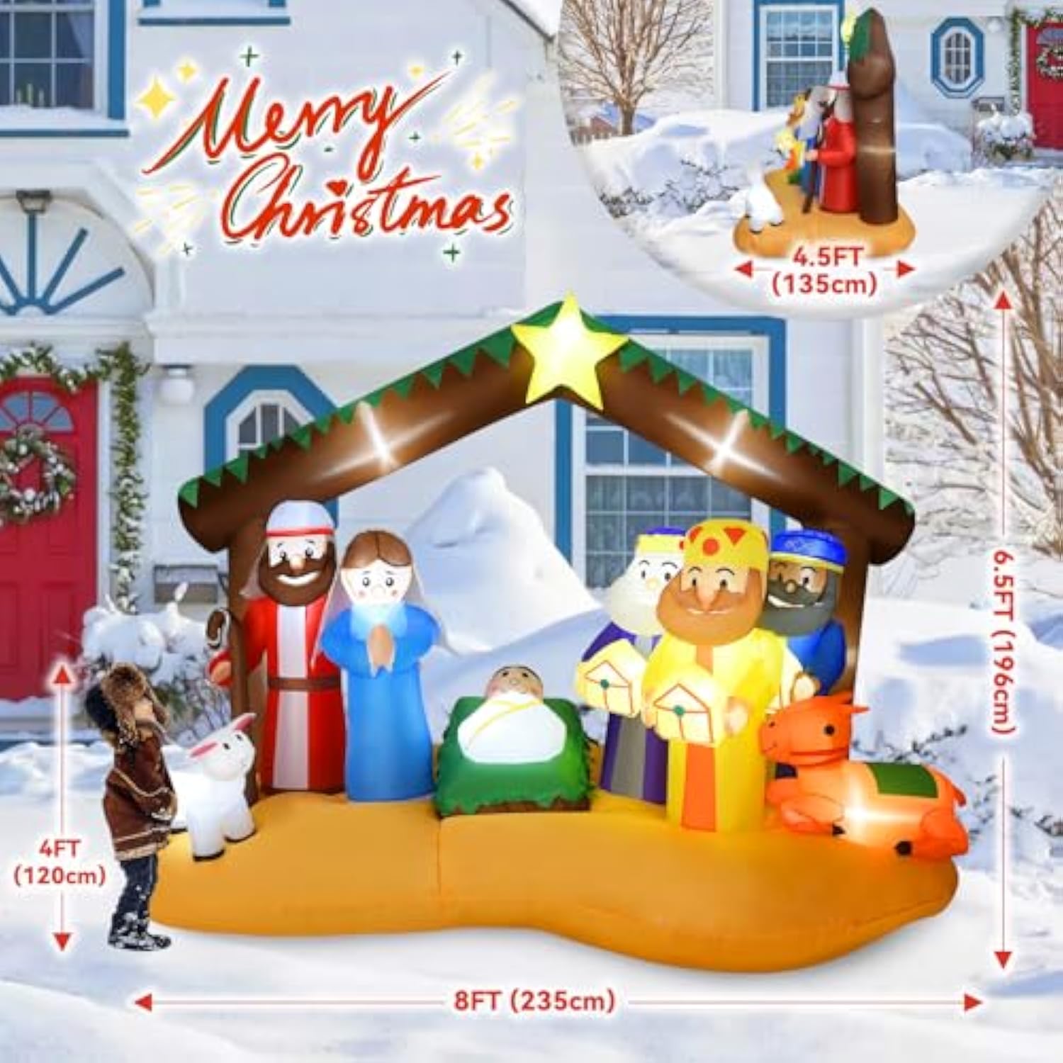 8Ft Christmas Inflatables Nativity Scene Outdoor Decorations With Led Lights, Large Nativity Set, Blow Up Christmas Infl
