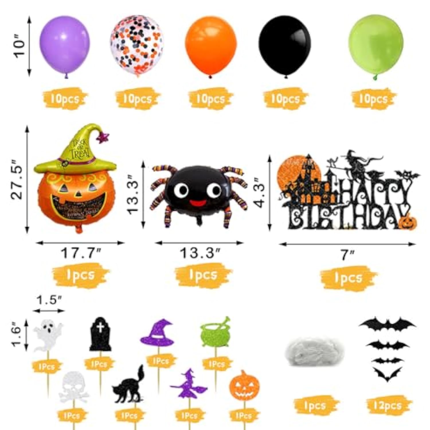 Halloween Birthday Party Decor Set – Includes Banner, Balloons, Cake Topper & Fringe Curtain