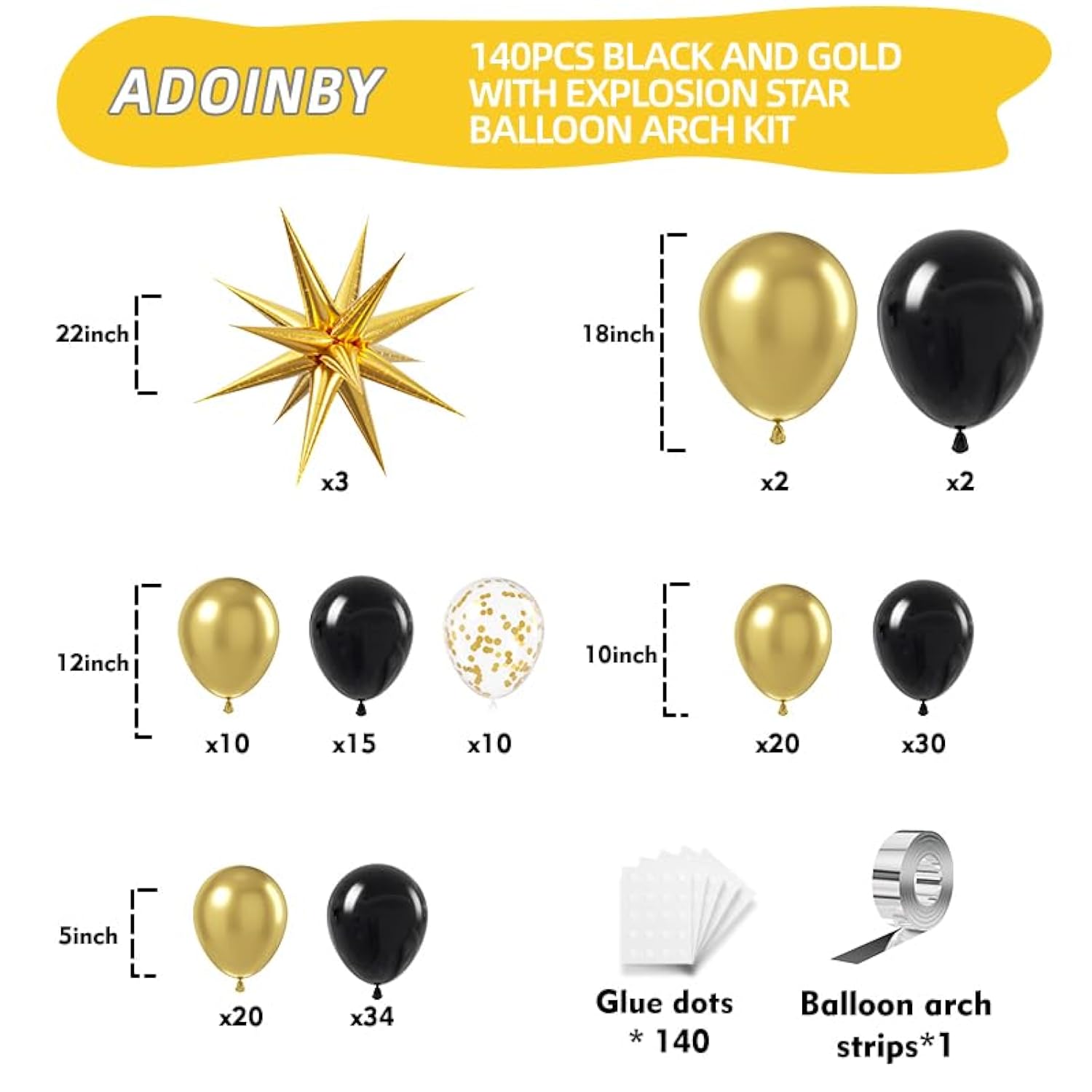 Black and Gold Balloon Garland Kit: Star Balloons, Birthday Party Decor