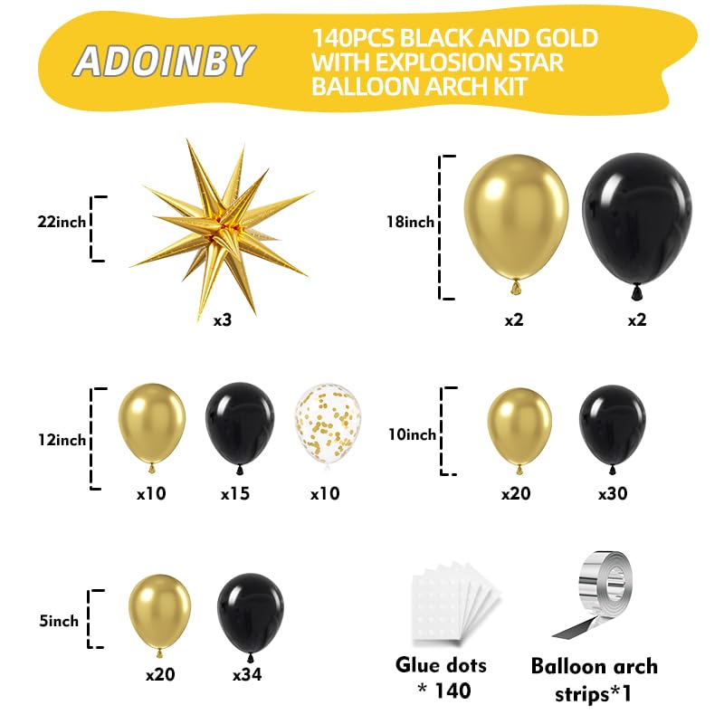 Black and Gold Balloon Arch Kit, 140Pcs Explosion Star Black and Metallic Gold Balloons 22 18 12 10 5 Inch Different Size Balloons for Birthday Anniversary Graduation New Year Decorations