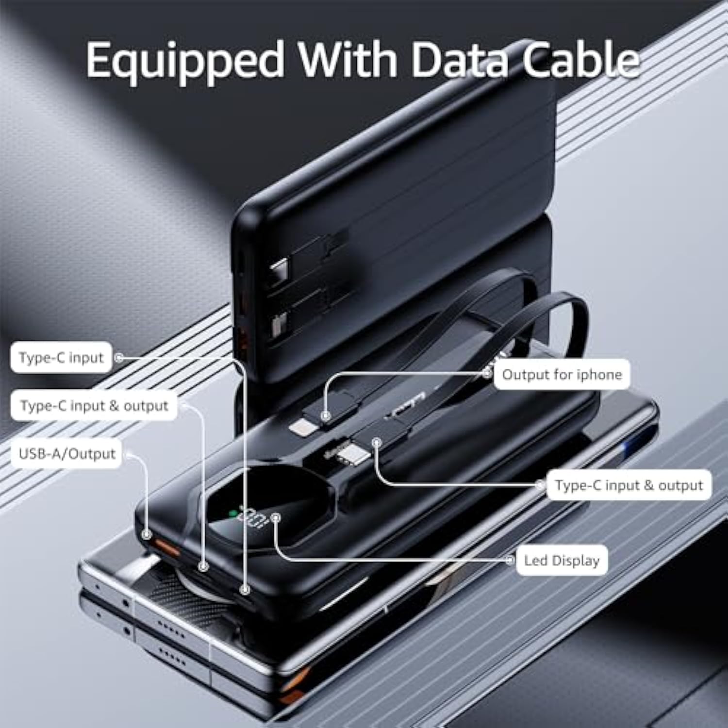 Power Bank, 20000Mha Pd 22.5W Portable Charger With 4 Built-In Output Channels 2 Output Cables,Qc3.0 Fast Charging Power Bank, For Iphone And Android Phones Most Electronic Devices Space Grey