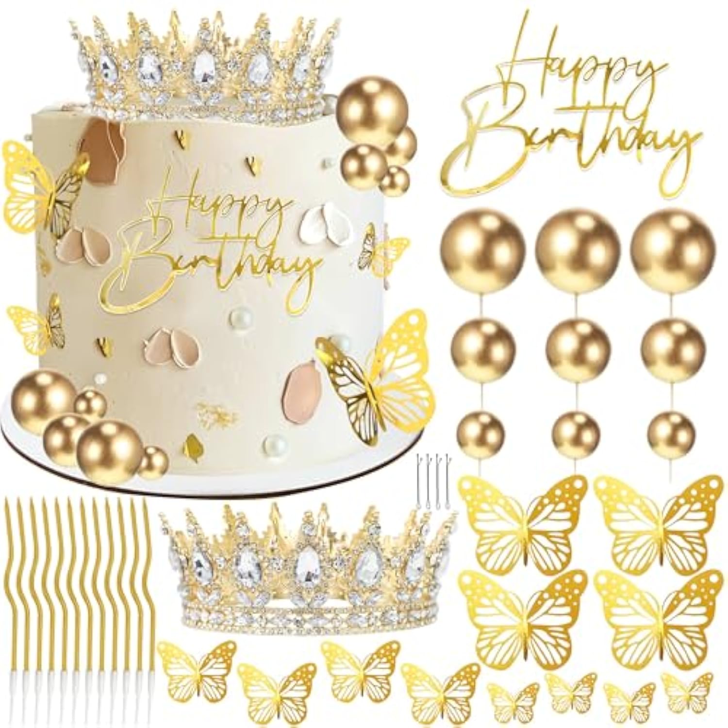 Crown Cake Topper, Balls Happy Birthday Cake Toppers With Crown Birthday Candles Gold Butterflies, Corona Para Pastel, Cake Decorations For Wedding Baby Shower Party Decorations (Gold)1