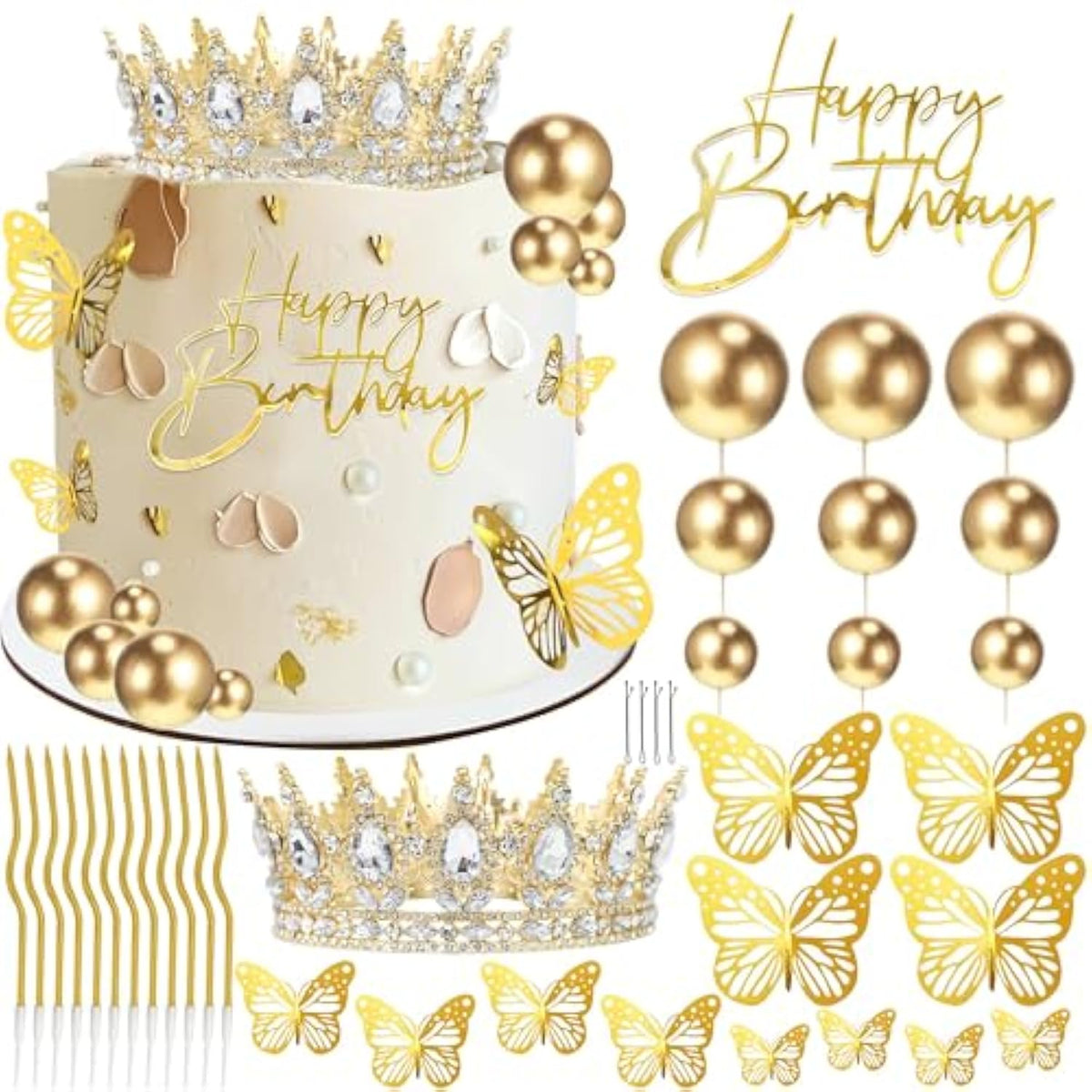Crown Cake Topper, Balls Happy Birthday Cake Toppers With Crown Birthday Candles Gold Butterflies, Corona Para Pastel, Cake Decorations For Wedding Baby Shower Party Decorations (Gold)1