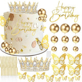 Crown Cake Topper, Balls Happy Birthday Cake Toppers With Crown Birthday Candles Gold Butterflies, Corona Para Pastel, Cake Decorations For Wedding Baby Shower Party Decorations (Gold)1