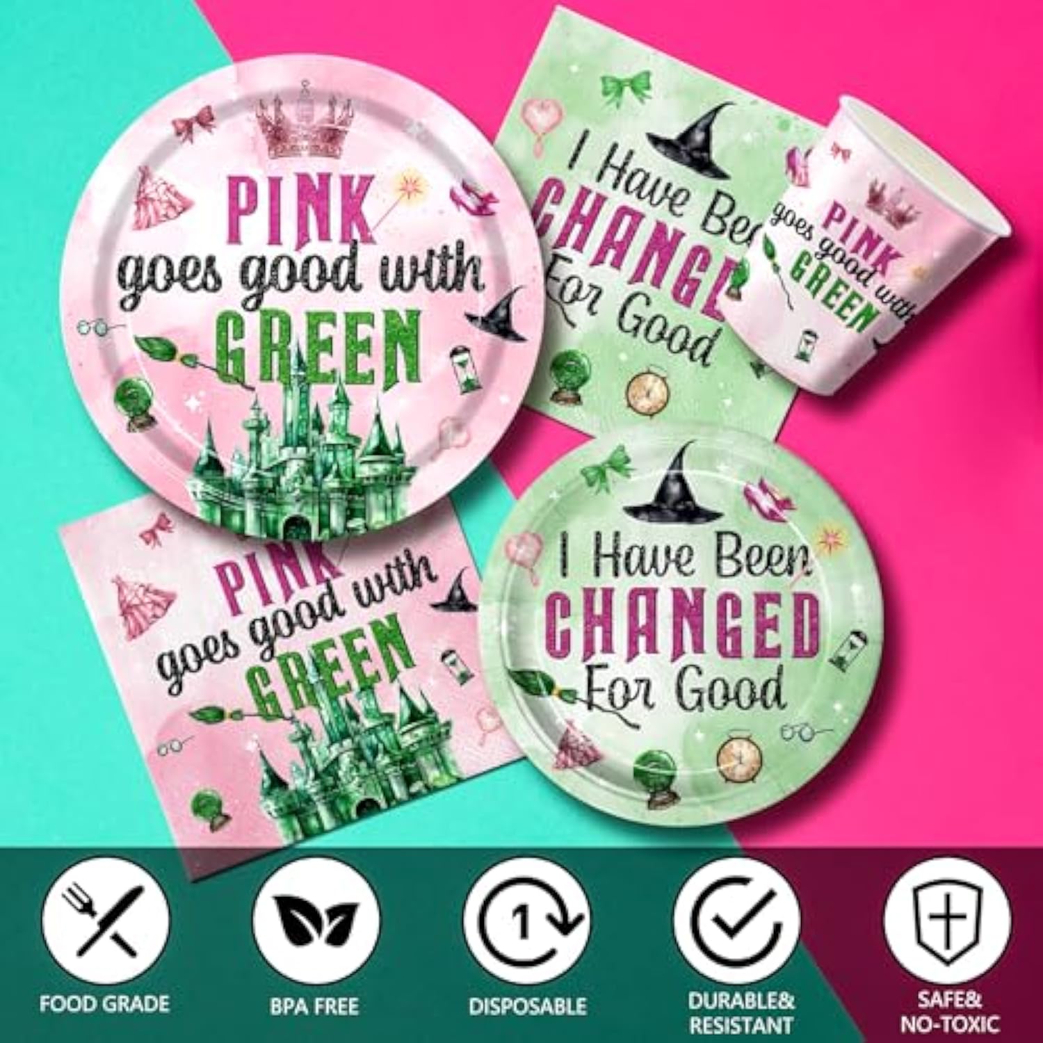 120Pcs Witch Birthday Party Supplies Pink Goes Good With Green Plates Napkins Disposable Tableware Set Paper Cups For Girls Birthday Party Decorations Severs 24 Guests