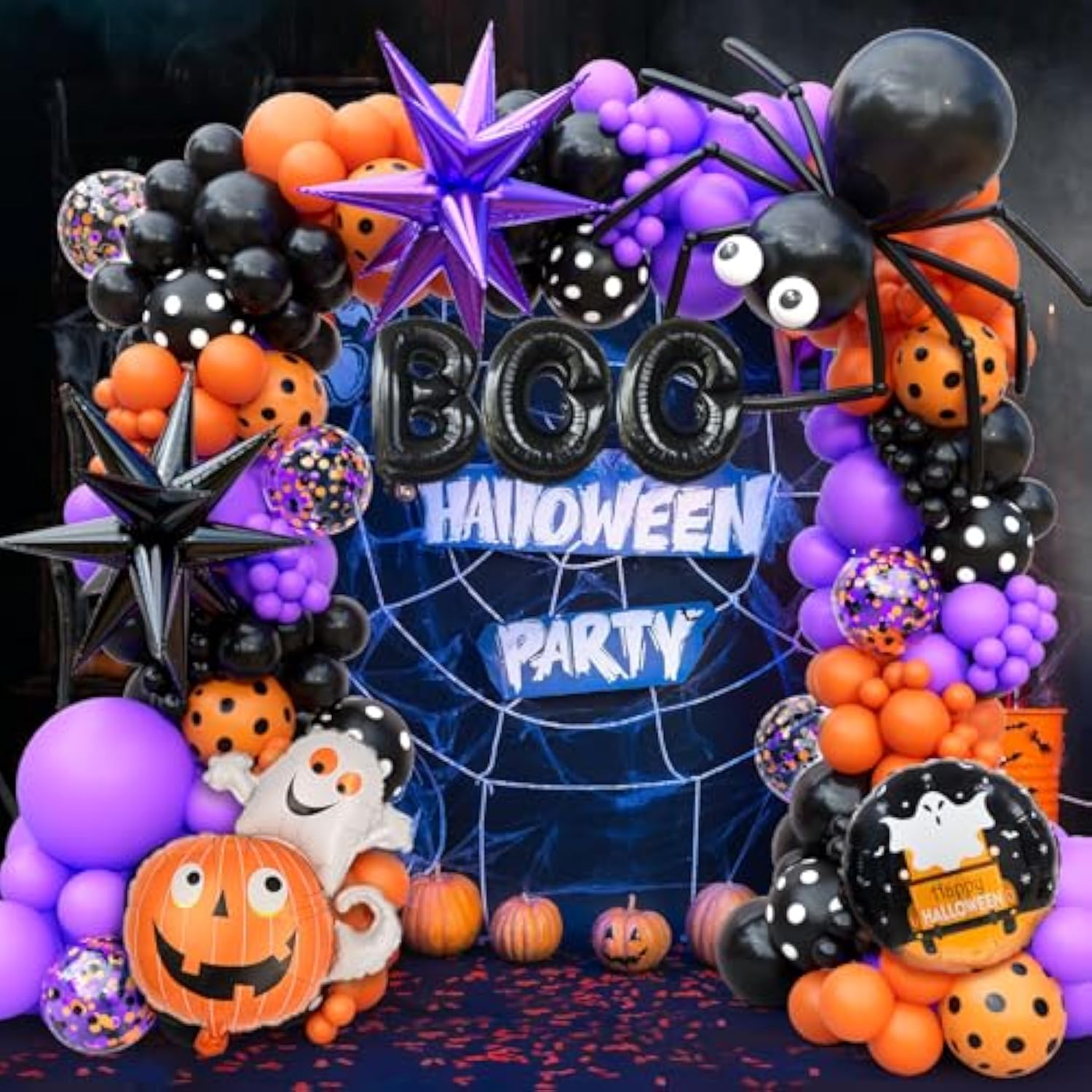 157Pcs Halloween Balloon Arch Kit - Eyes, Spider, Bat, Ghost, Pumpkin & Black, Purple, Orange