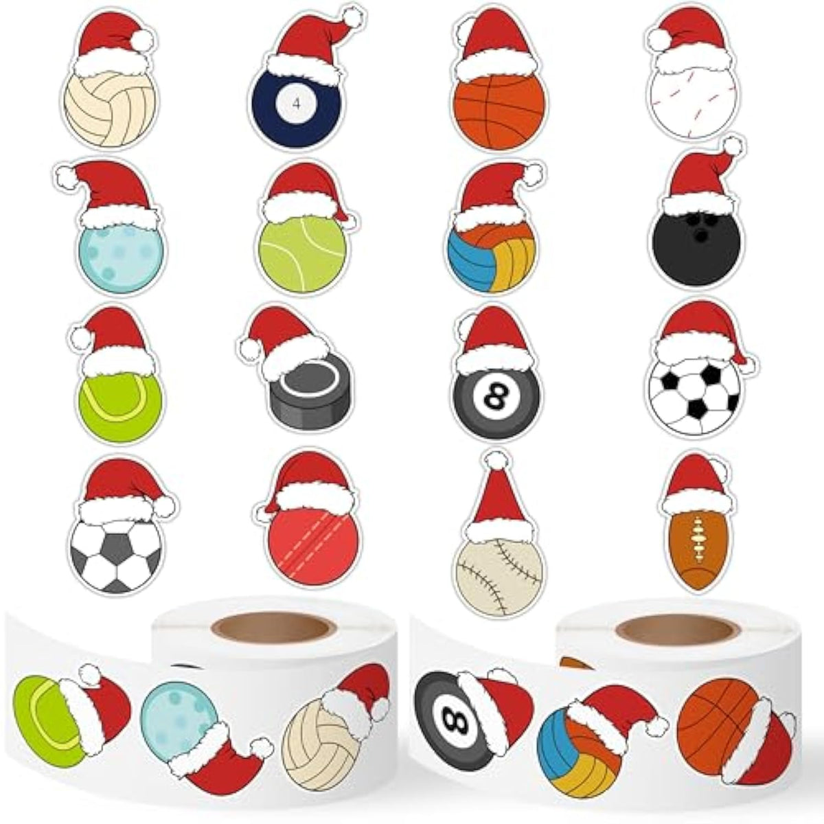 Christmas Ball Roll Stickers - 1000Pcs Christmas Basketball Football Volleyball Wearing Santa Hat Sport Stickers For Kids, Xmas Sport Theme Decals For Laptop Home Decor Party New Year Gifts