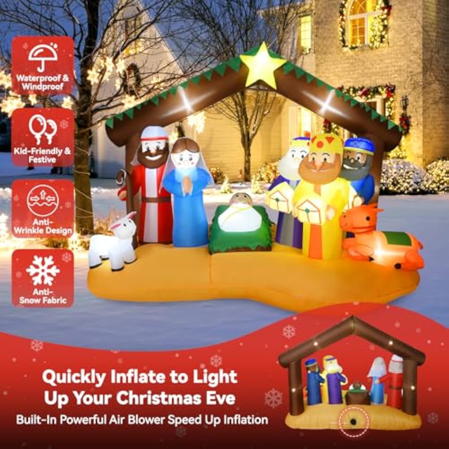 8Ft Christmas Inflatables Nativity Scene Outdoor Decorations With Led Lights, Large Nativity Set, Blow Up Christmas Infl
