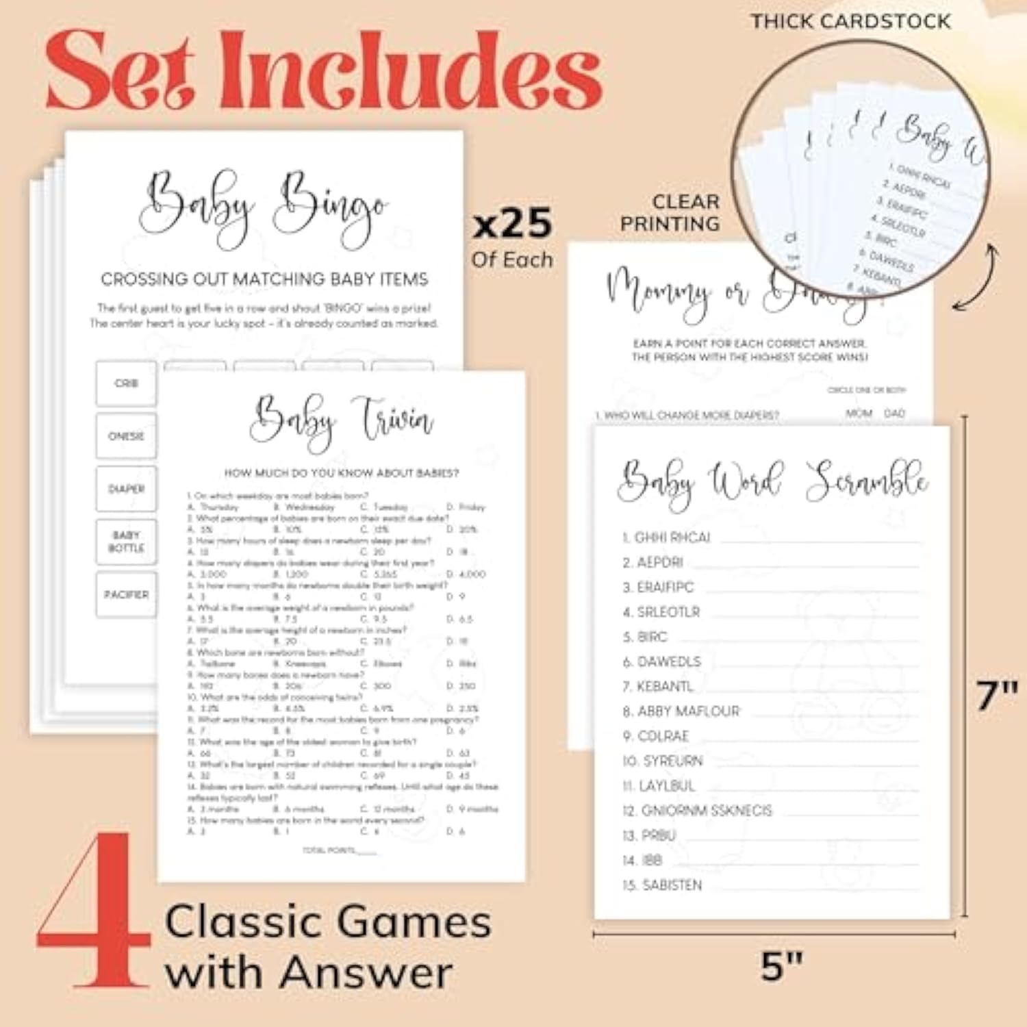 Funny Baby Shower Games Gender Neutral - Baby Shower Bingo Game For Girl, Baby Bingo For Baby Shower Boy Decorations, Baby Word Scramble Guess Who Mommy Or Daddy, Fun Baby Trivia Cards