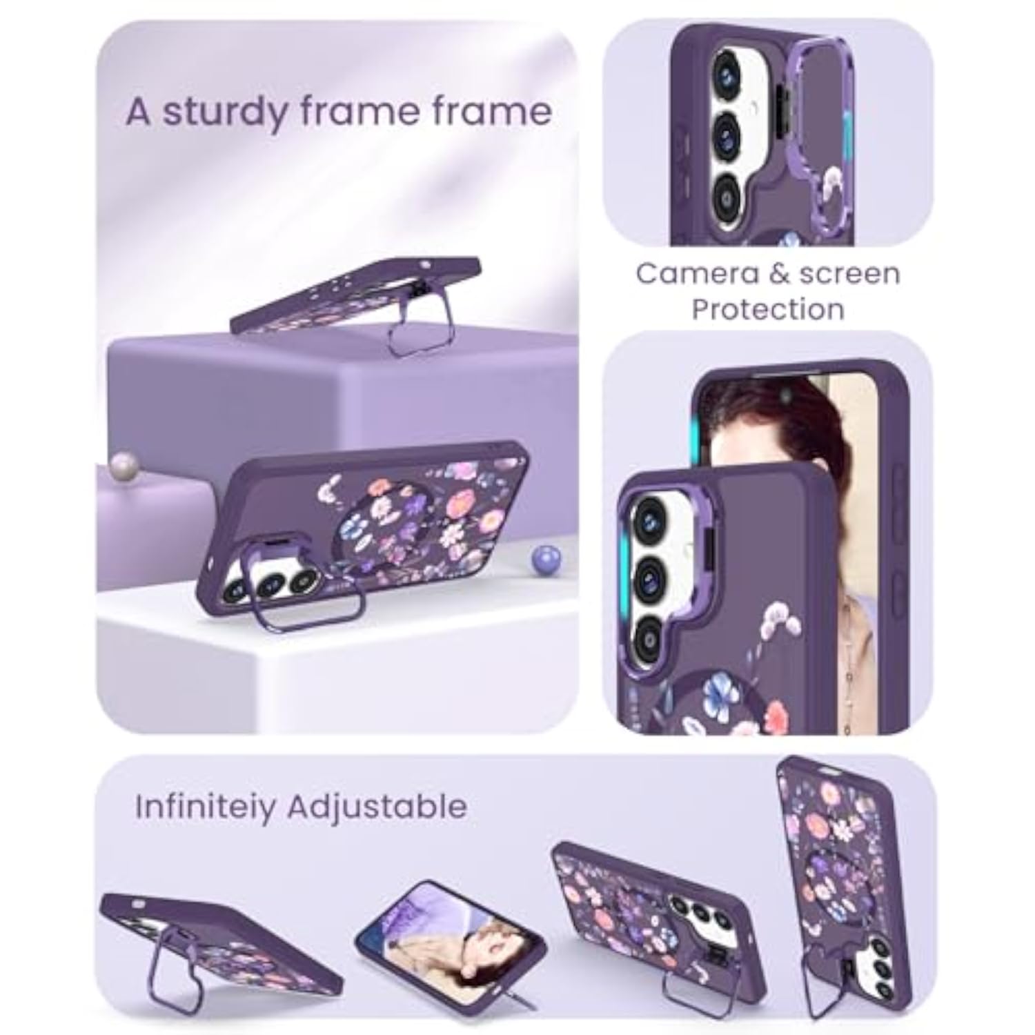 Floral Magnetic Phone Case for Samsung Galaxy S24/S25 with Built-in Lens Stand and 2X Screen Protector