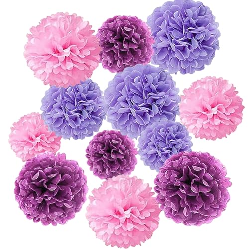 Tissue Paper Pom Poms 12 Pcs Pink Lavender Flower Balls Party Decor