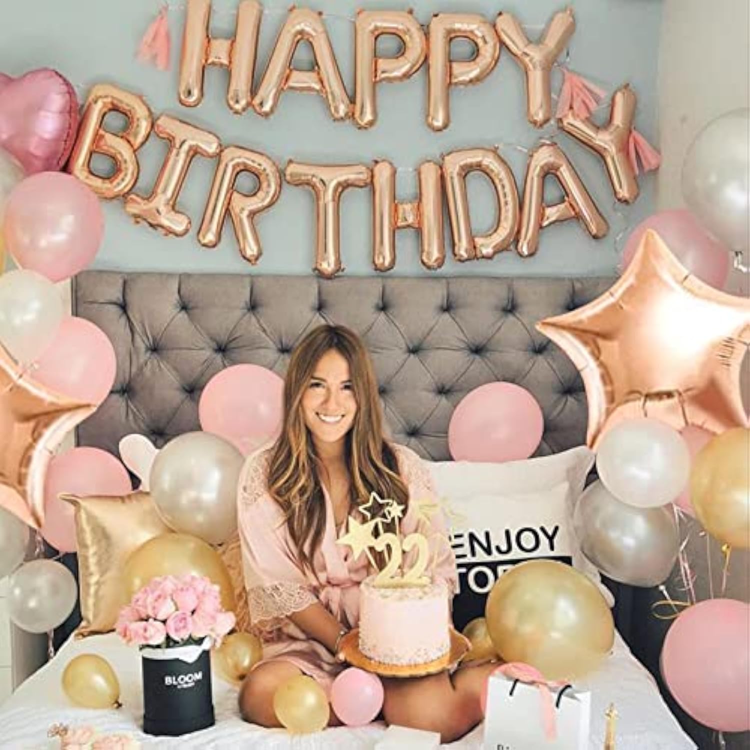 Happy Birthday Banner 13Pcs 16 Inch Mylar Foil Letters With 12Pcs Star Balloons Birthday Party Decorations For Kids And Adults - 3D Rose Gold