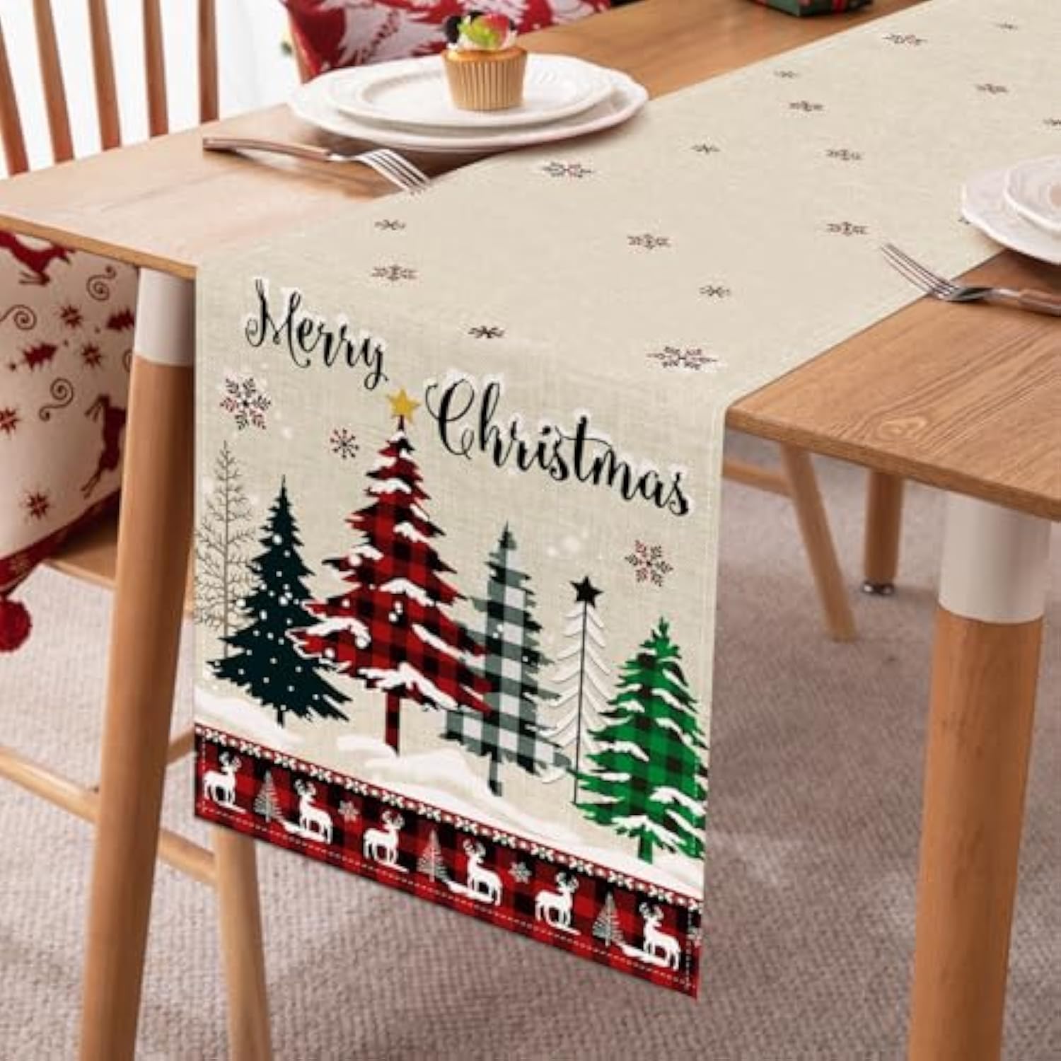 Buffalo Plaid Merry Christmas Trees Table Runner 13X72 Inch Snowflake Deer Seasonal Winter Holiday Kitchen Dining Table Decoration For Indoor Outdoor Home Party Decor
