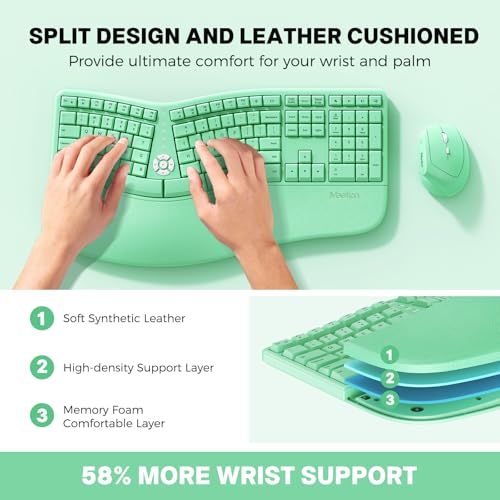 Ergonomic Keyboard With Cushioned Wrist Rest, Bluetooth Wireless Keyboard Rechargeable, Split Curved Keyboards Natural Typing, Full Size Multi-Os Windows/Mac, Computer/Laptop/Tablet/, Pink