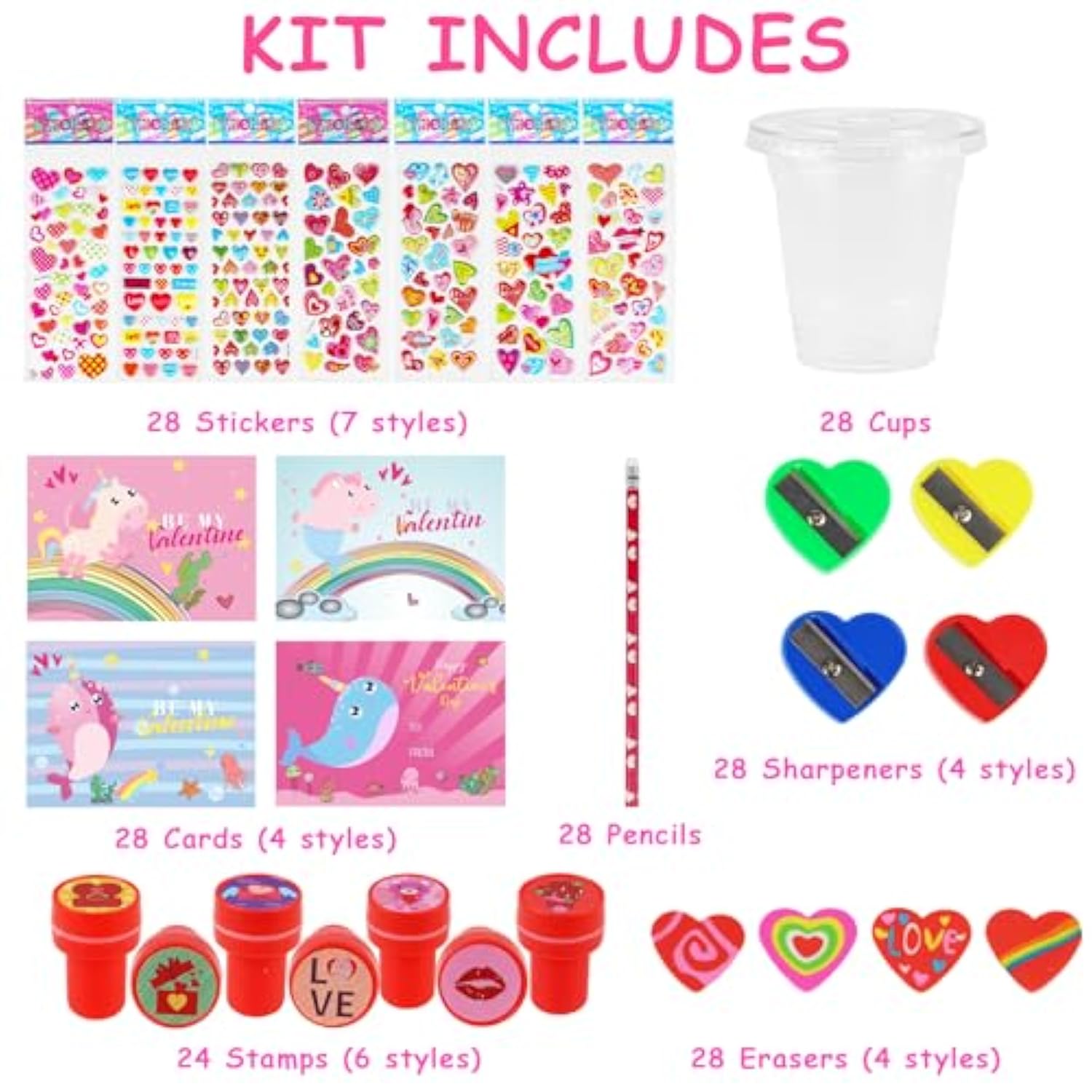 Valentines Day Gifts For Kids - 28 Packs Valentines Stationery With Cards And Cups, Valentines Gift Exchange Classroom Prize Rewards Party Favors Toys