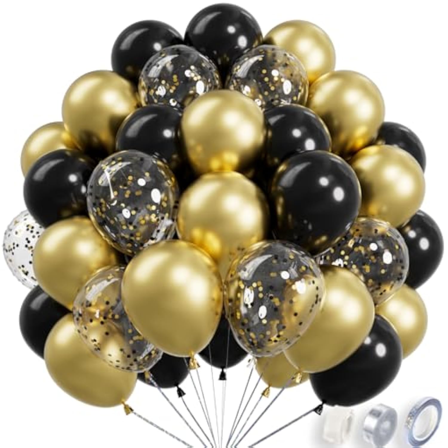 68 Pc Metallic Black Gold Balloons 12 Inch with Confetti for Party Decorations