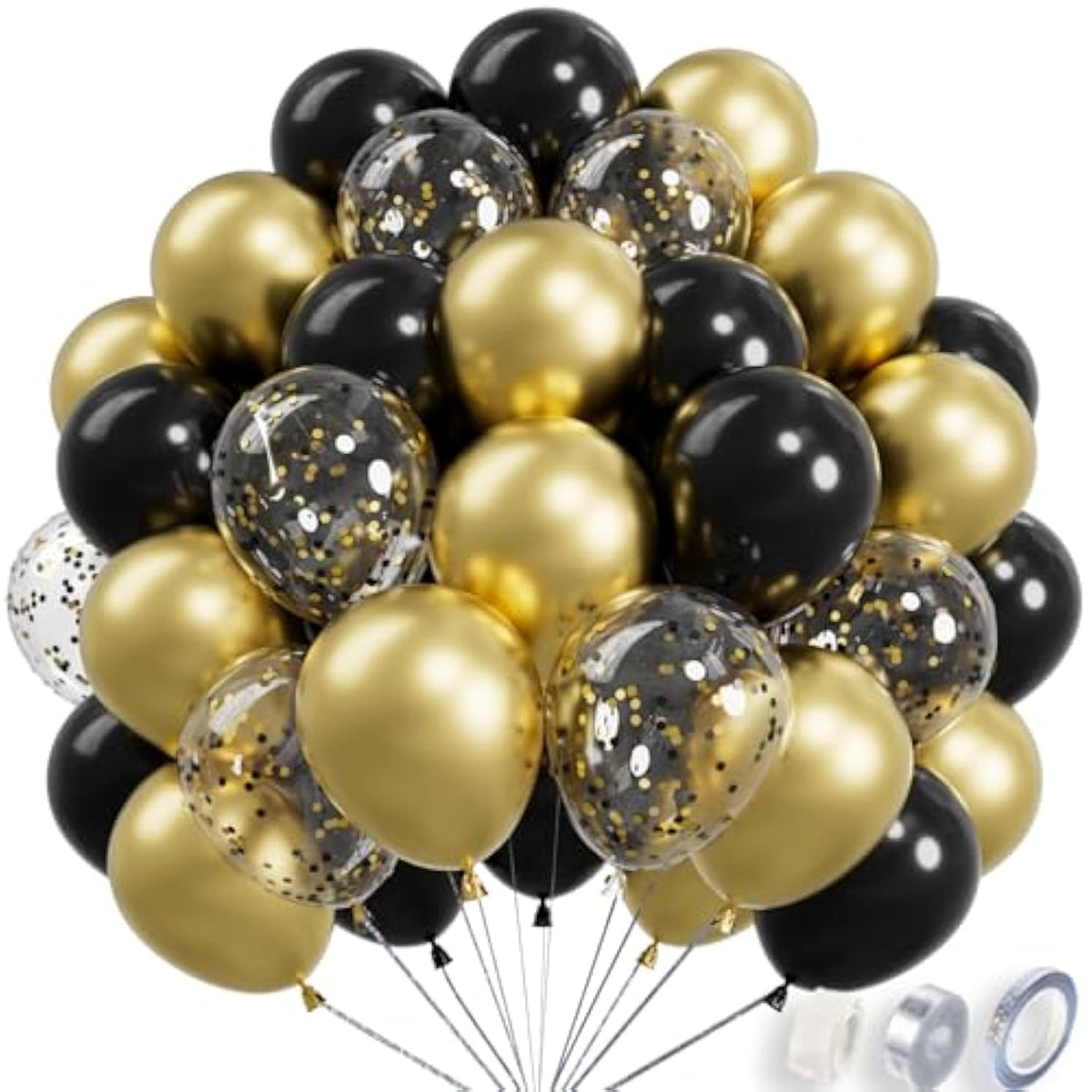 68 Pc Metallic Black Gold Balloons 12 Inch with Confetti for Party Decorations