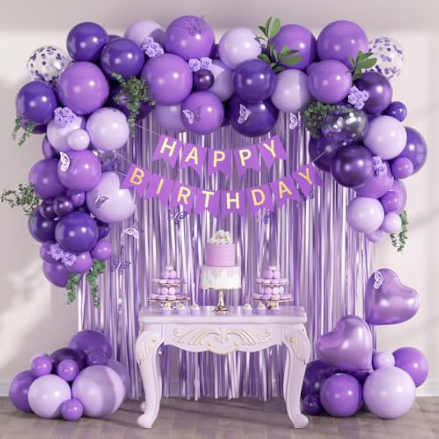Purple Birthday Decorations: Metallic, Dark Pastel Purple Balloons, Fringe Curtain, Happy Birthday Banner For Women