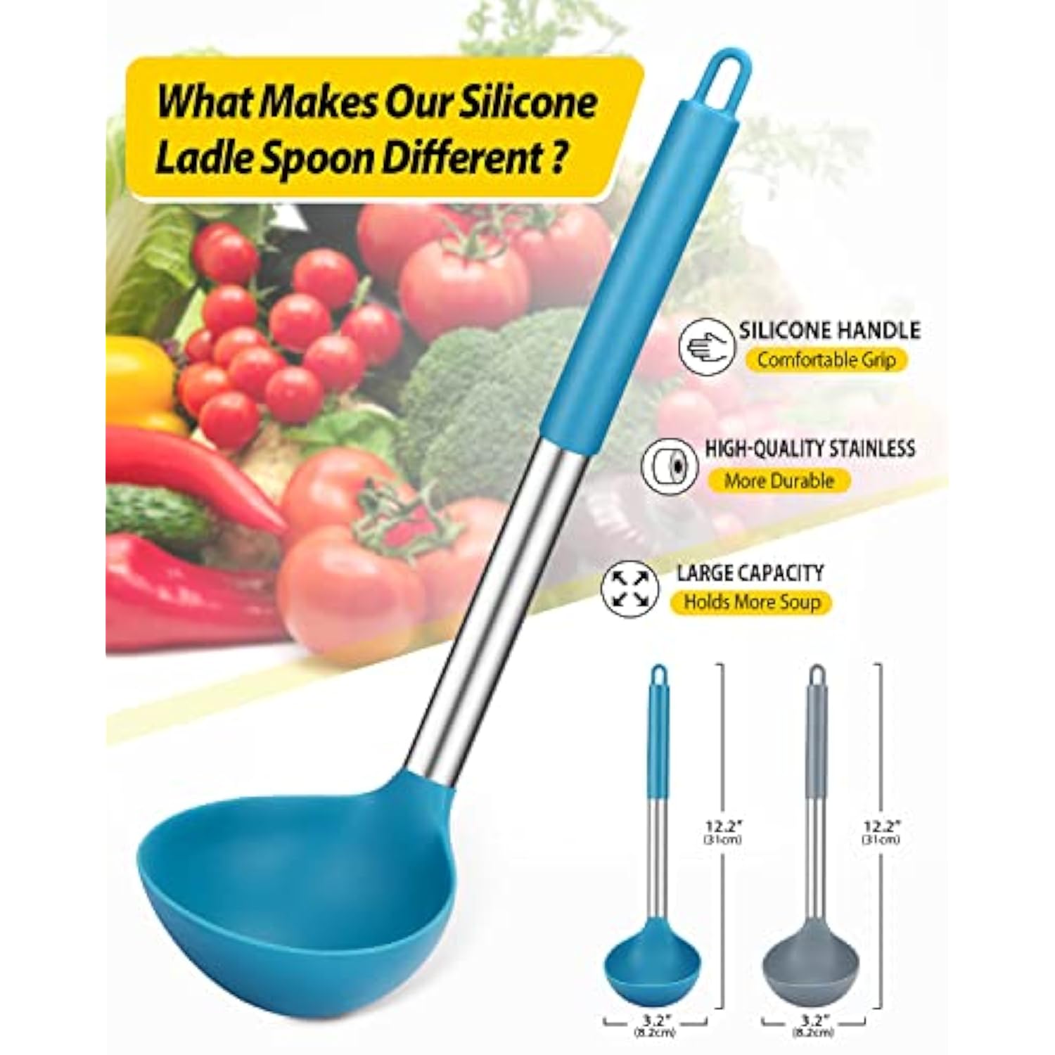 Pack Of 2 Ladle Spoon,Silicone Large Spoon For Soup,Non Stick Kitchen Utensils With High Heat Resistant,Bpa Free Perfect Kitchen Tools For Cooking, Stirring,Serving Soups (Grey-Blue)