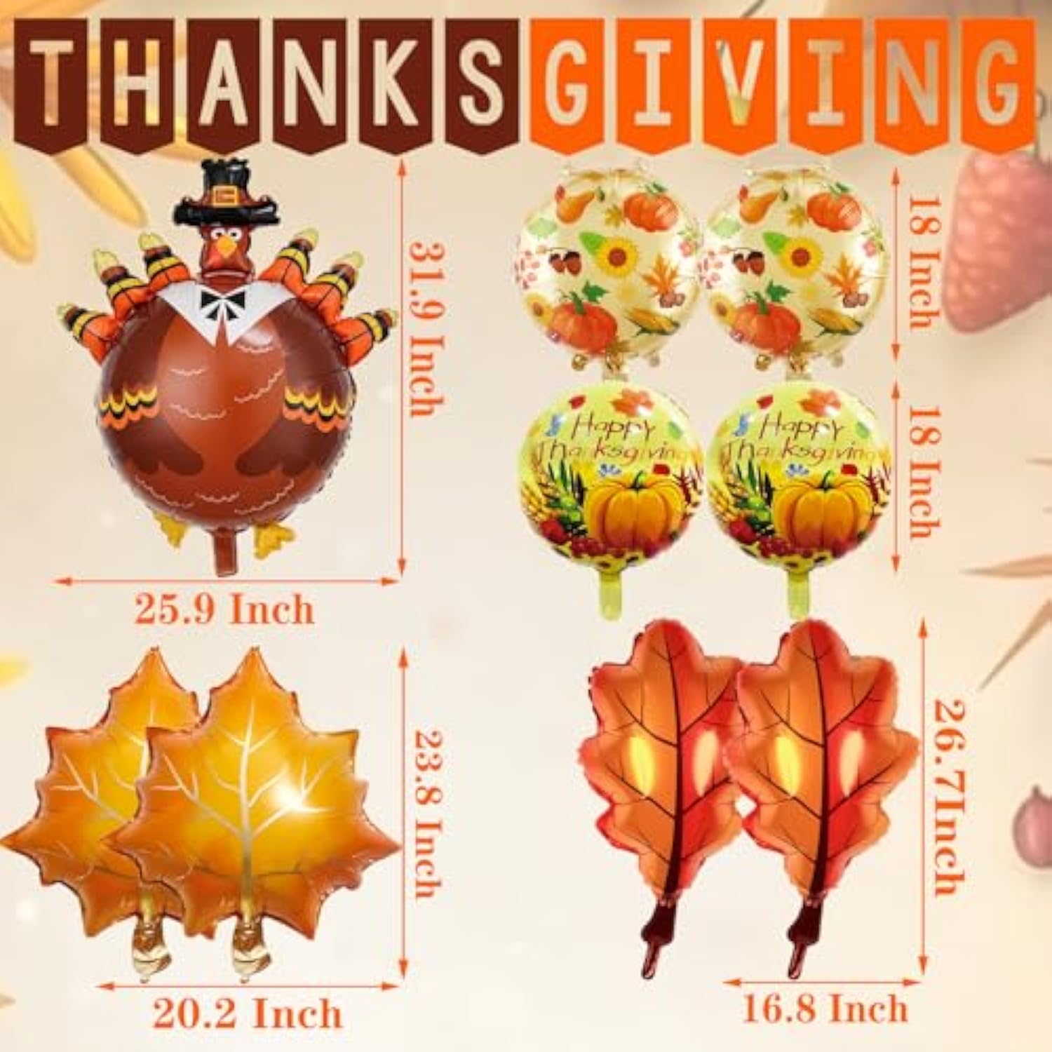Thanksgiving Foil Balloons: Turkey, Maple Leaf, and Pumpkin Party Decor (Set of 9)