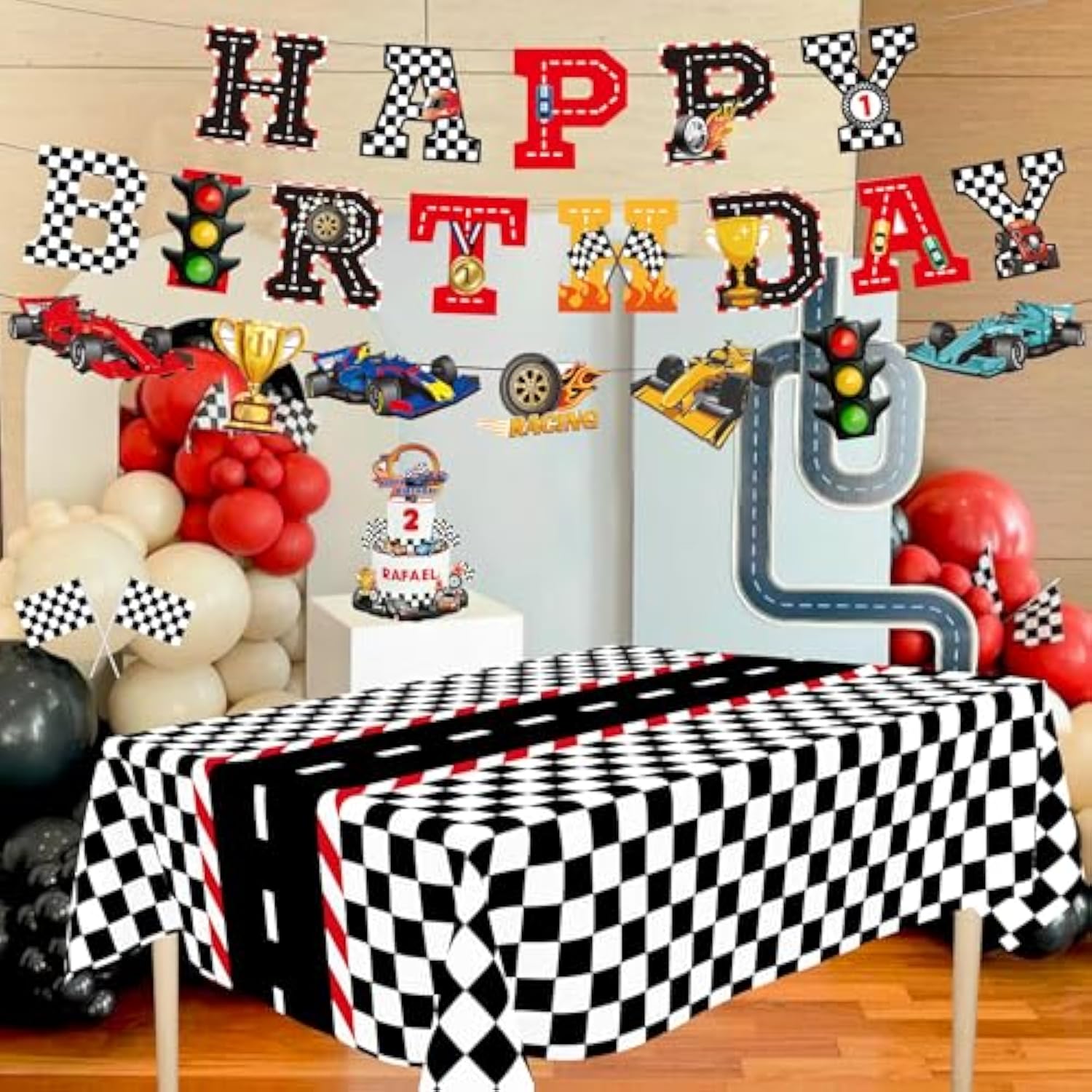 Race Car Party Decor Kit - Happy Birthday Banner, Tablecloths For Race Car Birthday Or Baby Shower - 54 X 108 Inch