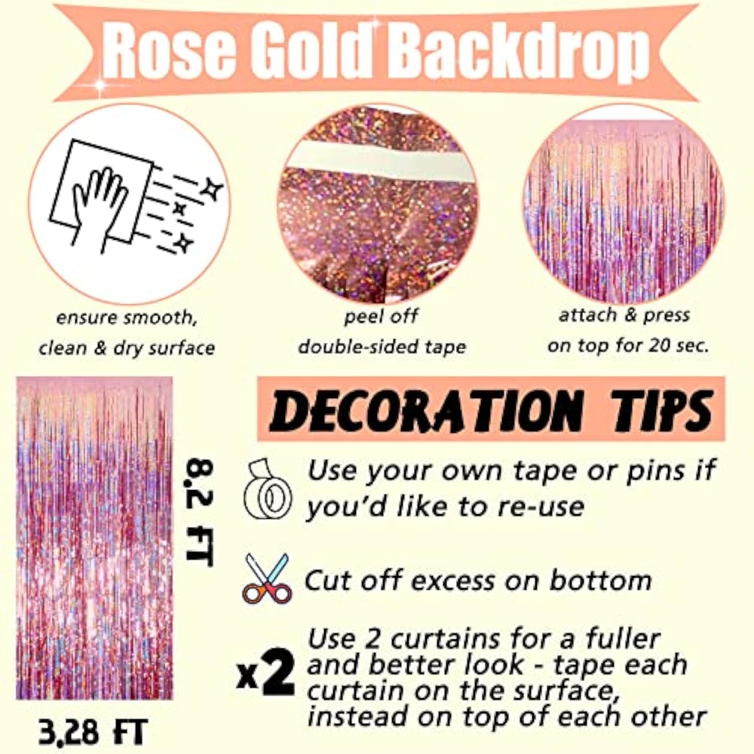 4 Pack Rose Gold Fringe Curtain Backdrop, 3.2Ft X 8.2Ft Sparkle Metallic Tinsel Foil Fringe Streamers Background For Photo Booth Birthday Wedding Baby Shower Party Thanksgiving Christmas Decorations