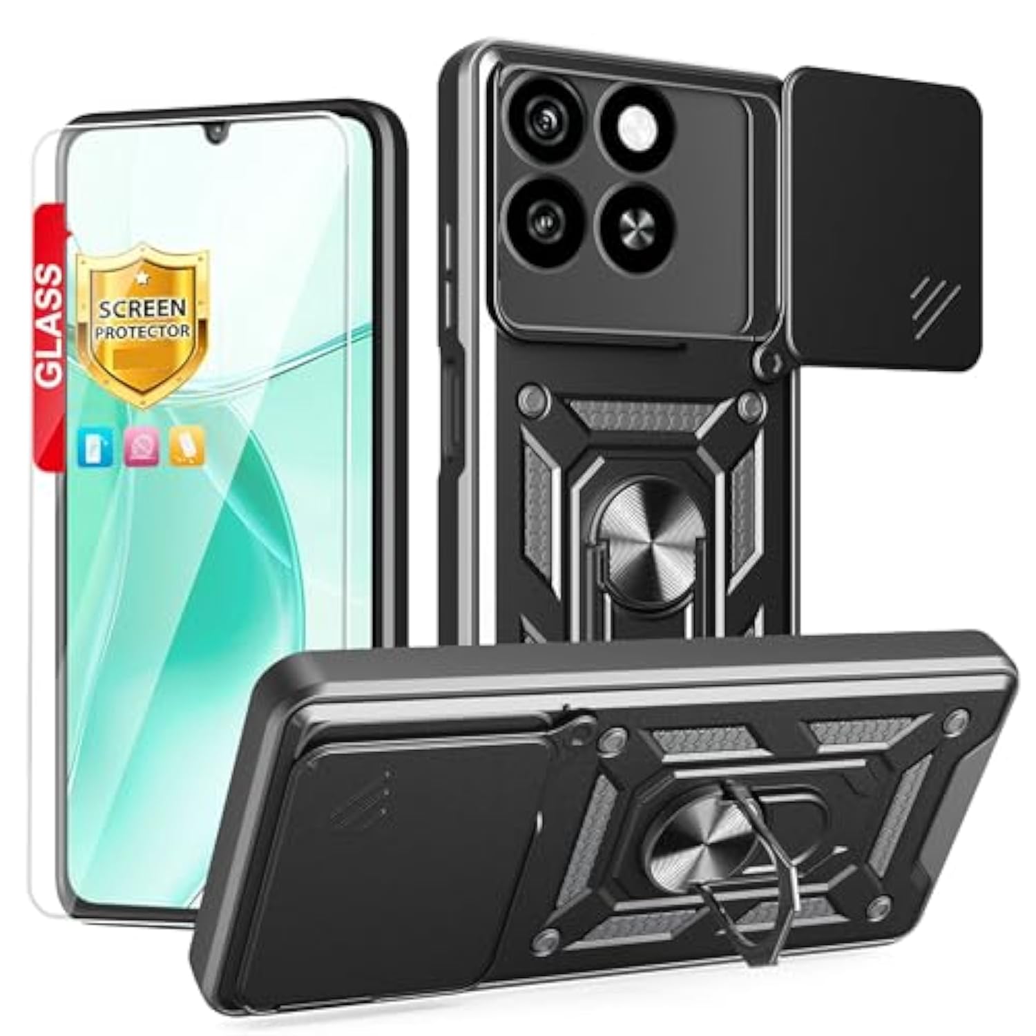 Compatible With Zte Blade A35 4G Z2453 Case [With Tempered Glass Screen Protector] Compatible For Zte Blade A55 Z2450 Phone Case Cover Black