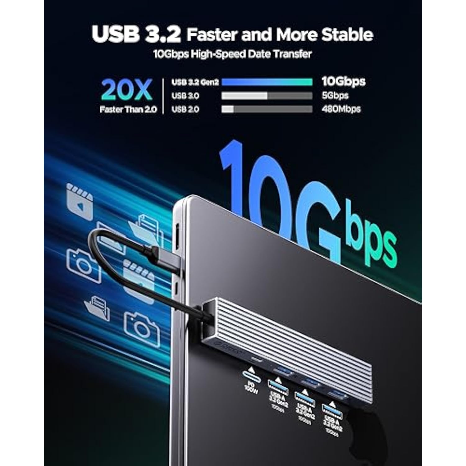 USB C 3.2 Hub, ORICO 4 Ports USB 3.2 Gen 2 USB C Adapter with 100W Power Deliv